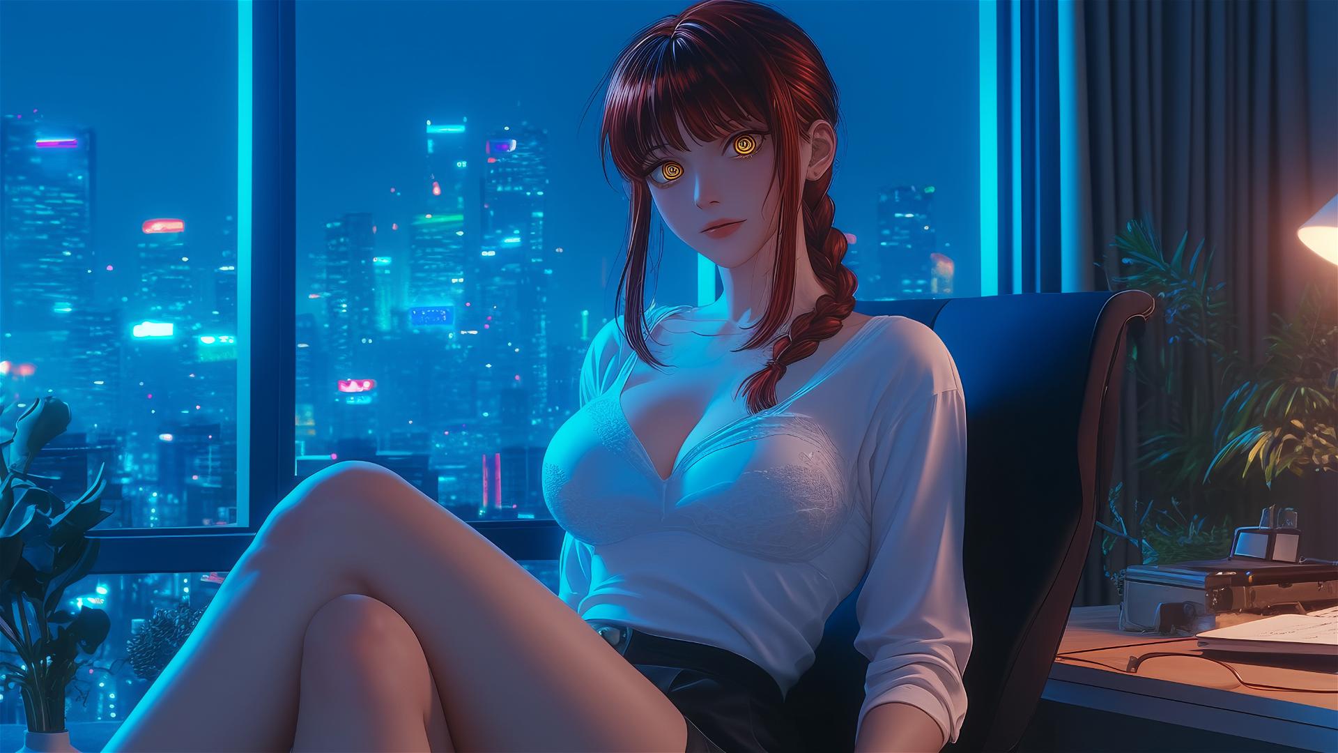Makima from Chainsaw Man in moonlit room with soft glow