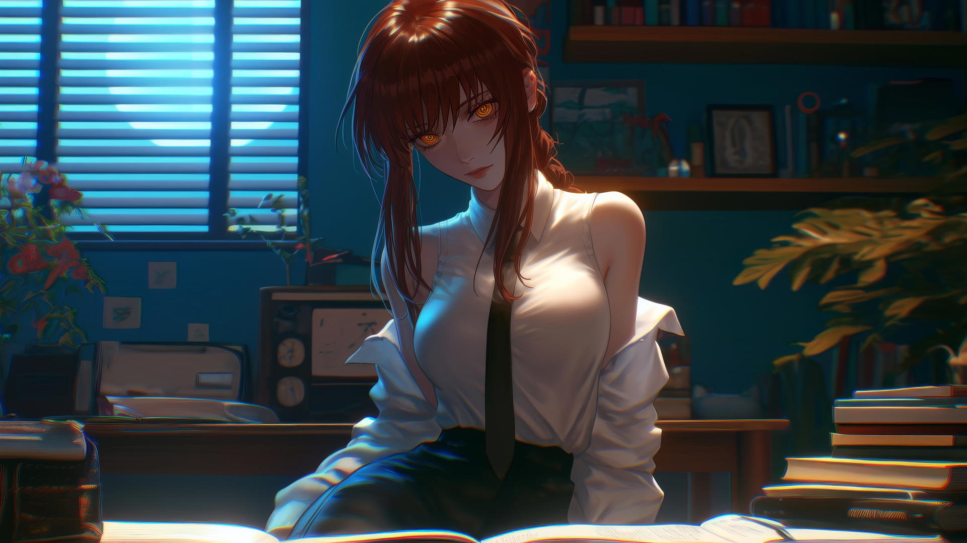 Makima from Chainsaw Man in her room, bathed in soft moonlight