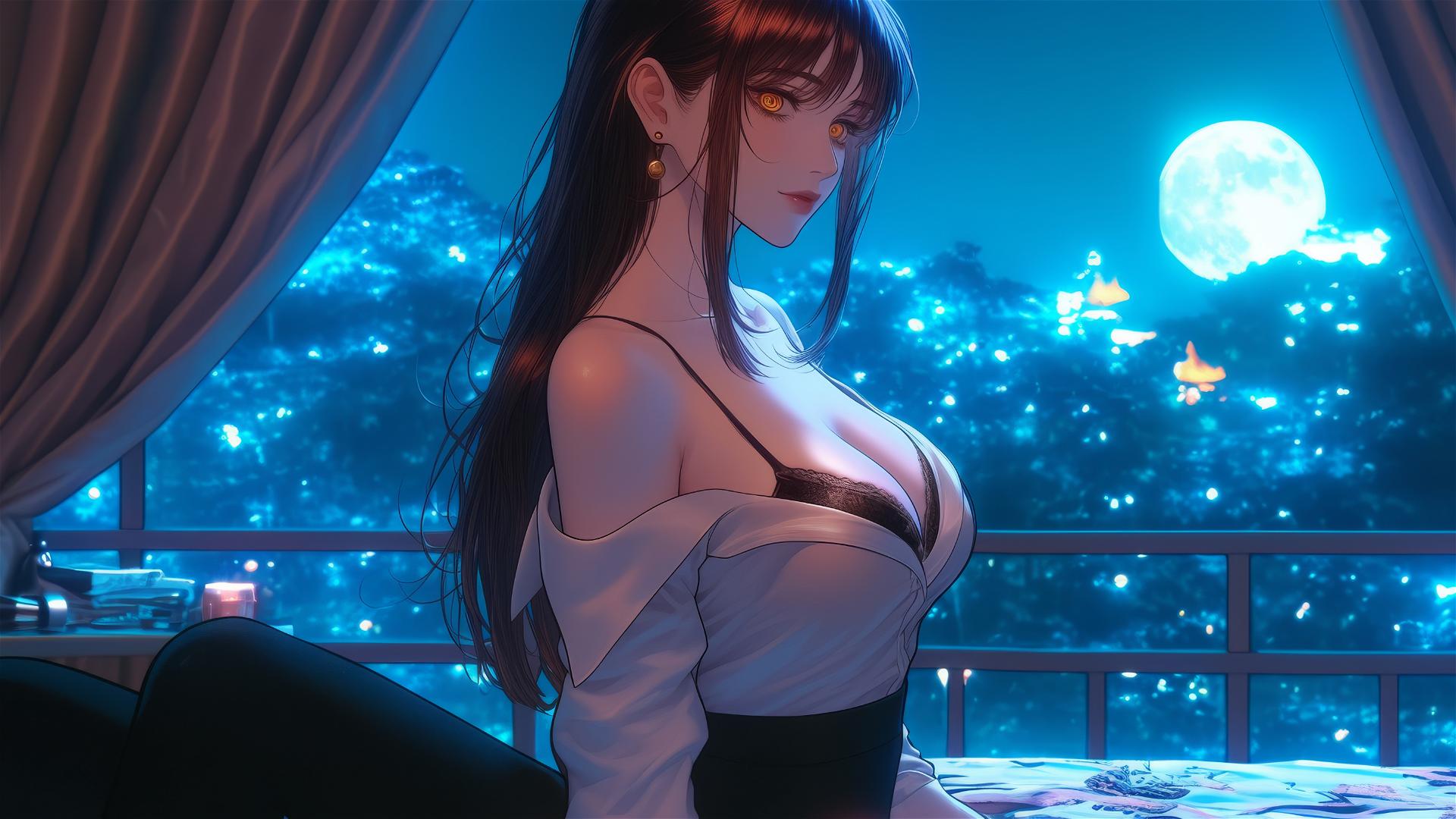 Makima from Chainsaw Man in a room with moonlight glow