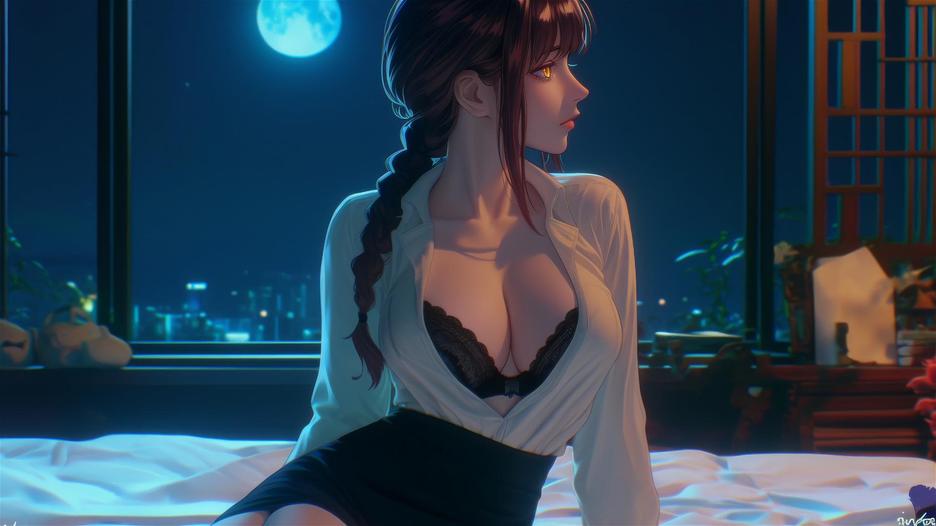 Makima from Chainsaw Man in her room under moonlight