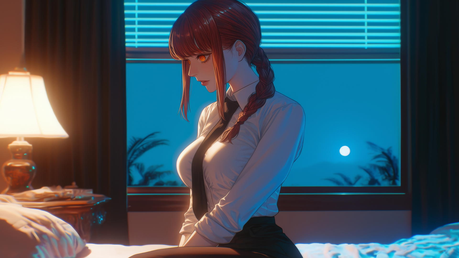 Makima from Chainsaw Man in her room with moonlight casting a soft glow.