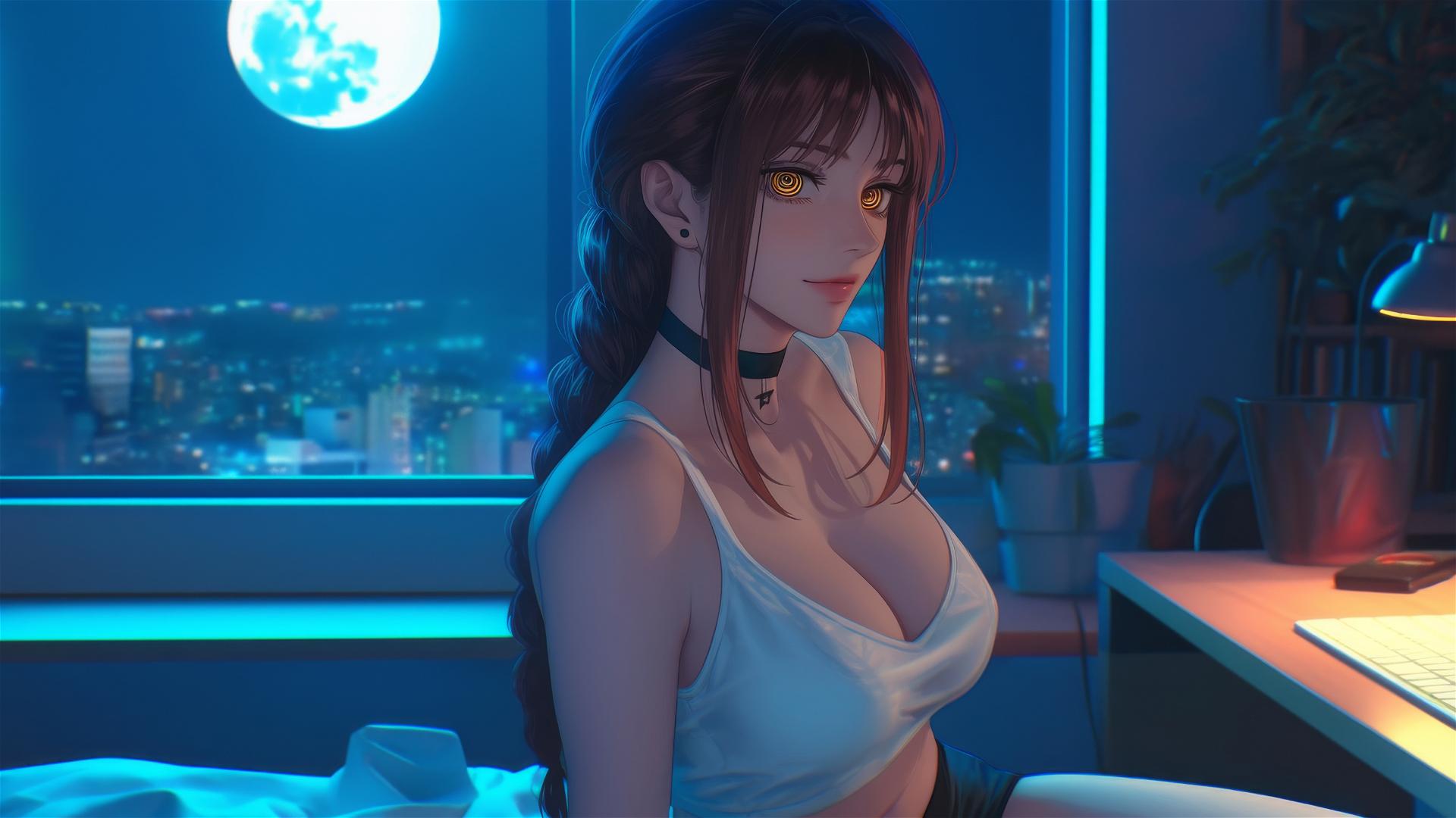 Makima from Chainsaw Man in her room with moonlight glow