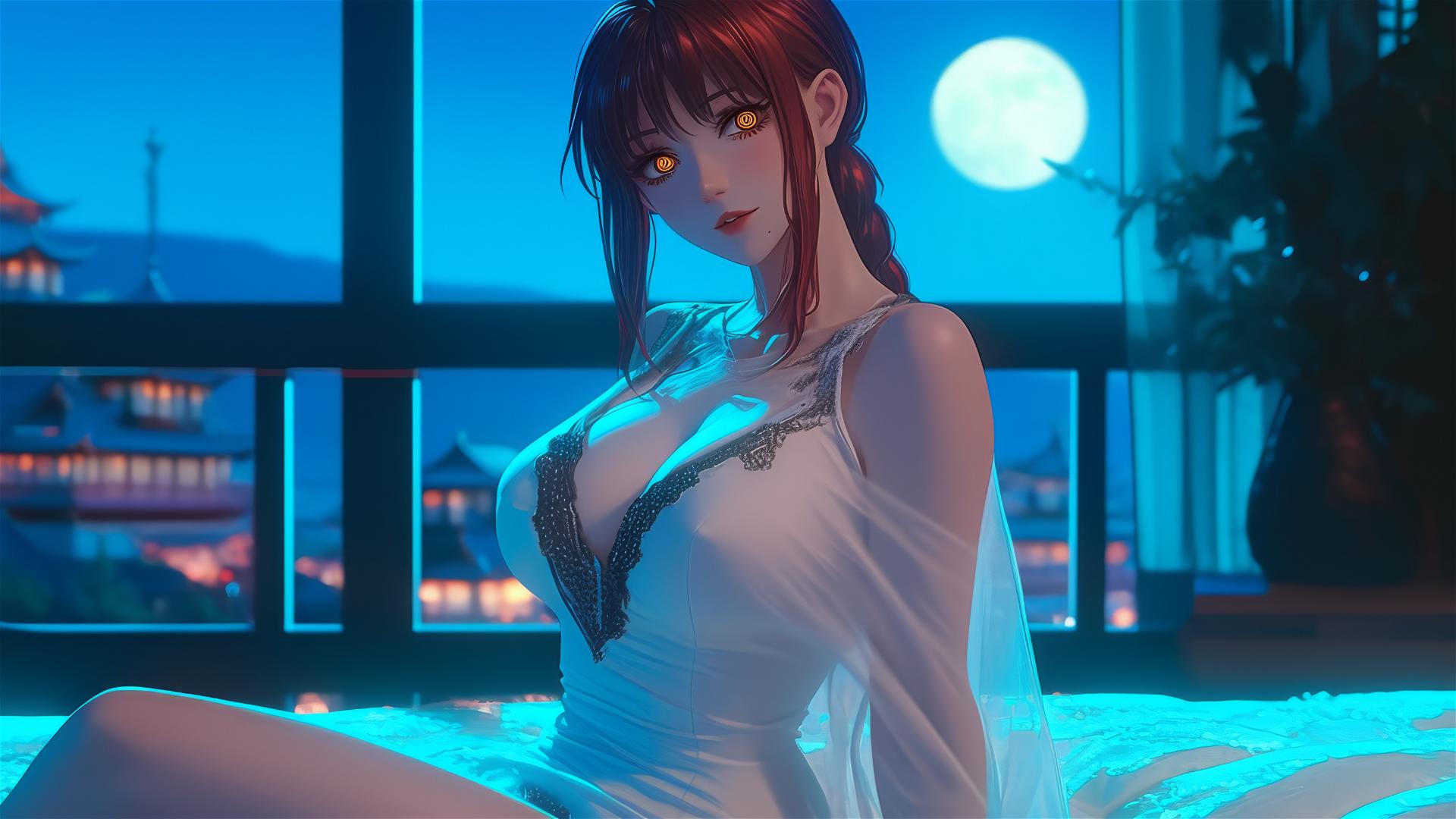 Makima from Chainsaw Man in her room with moonlight casting a soft glow