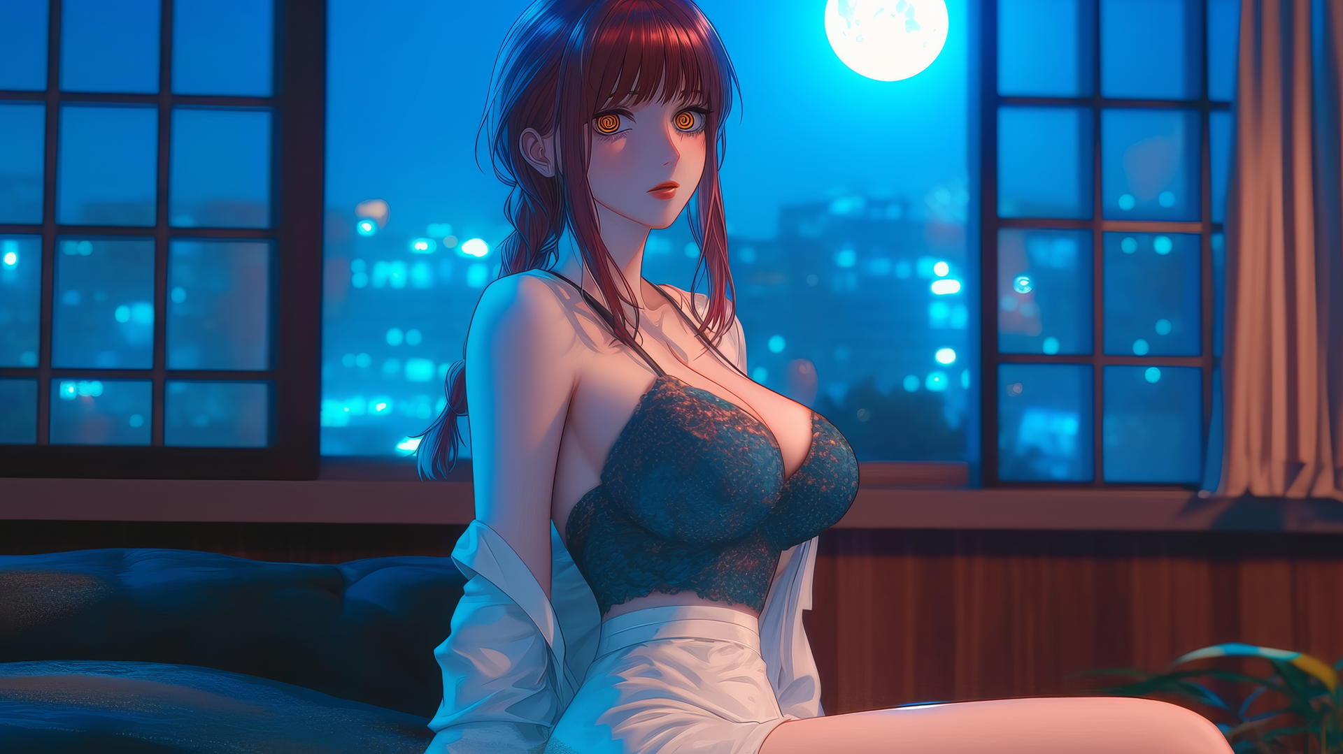 Makima from Chainsaw Man in her room with moonlight glow