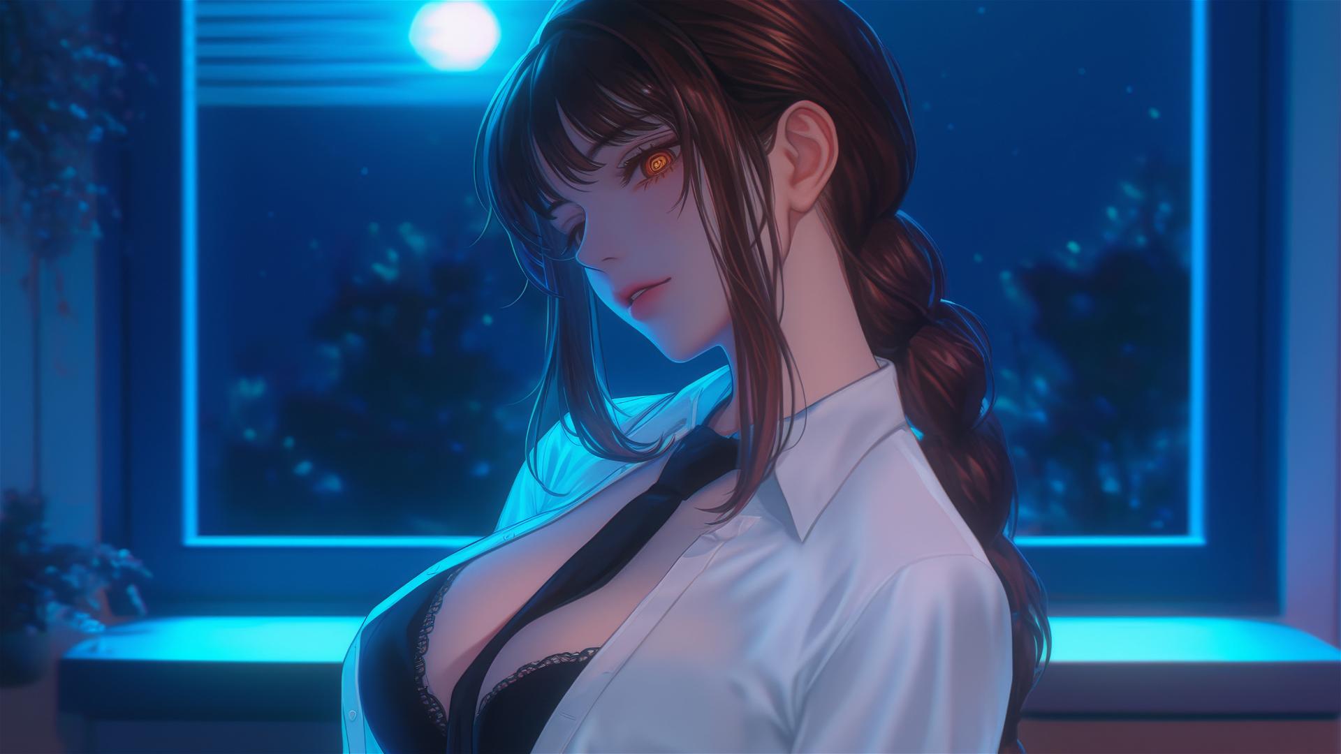 Makima from Chainsaw Man in her room, lit by moonlight with an ambiguous posture.