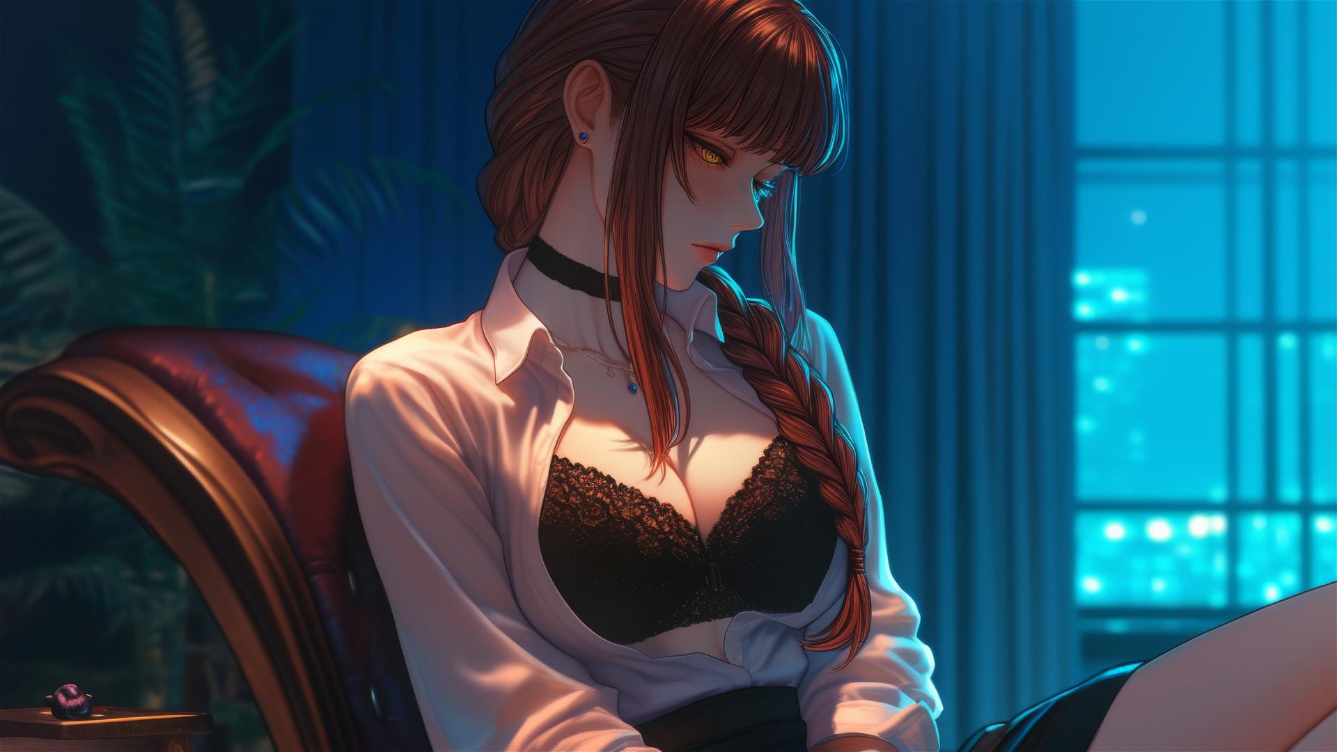 Makima from Chainsaw Man in her room with moonlight glow