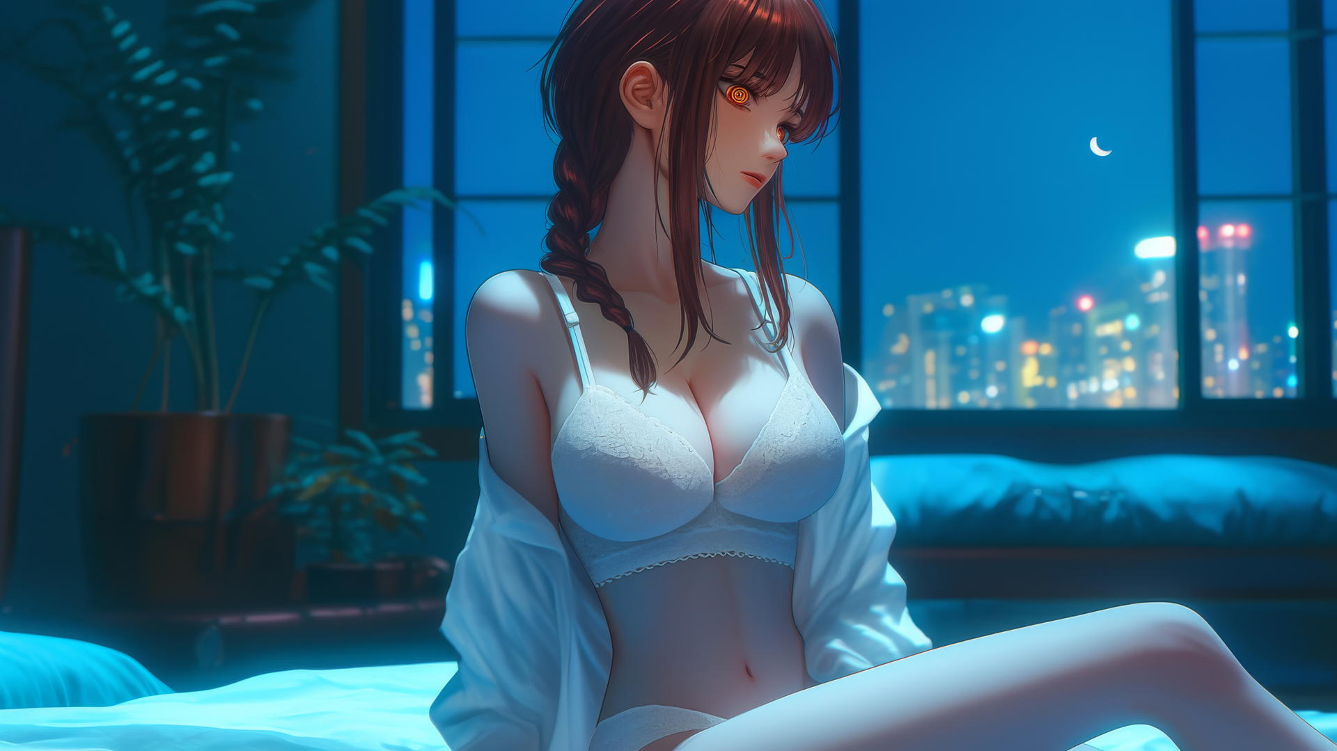 Makima from Chainsaw Man in her room with moonlight glow
