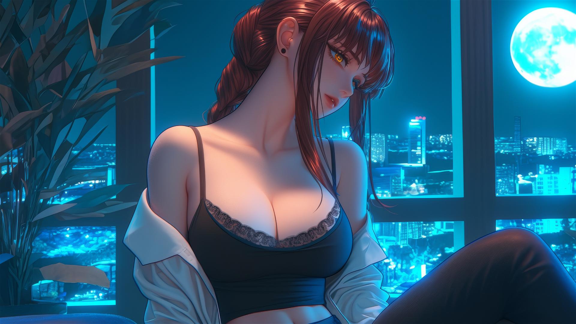 Makima from Chainsaw Man in her room with moonlight glow