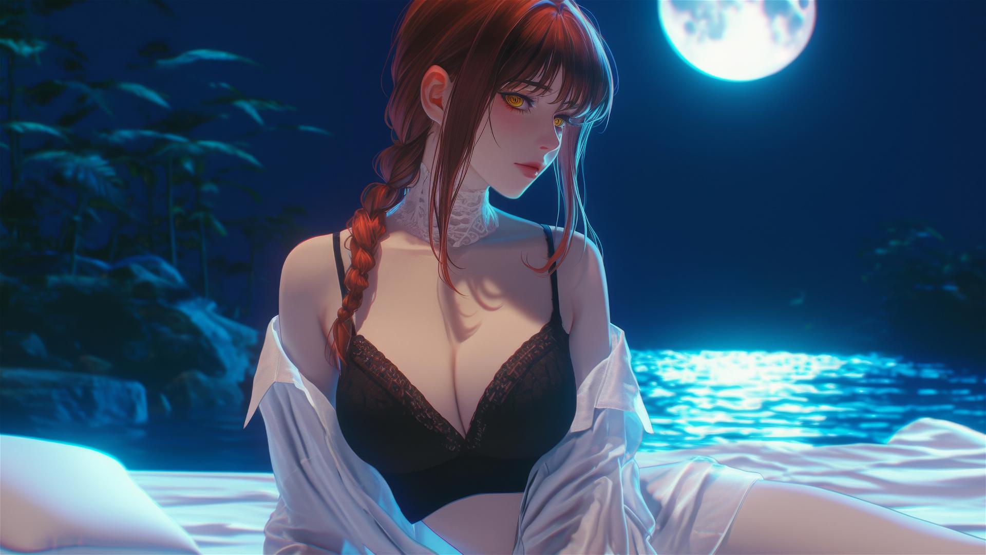 Makima seated in moonlit room exuding beauty