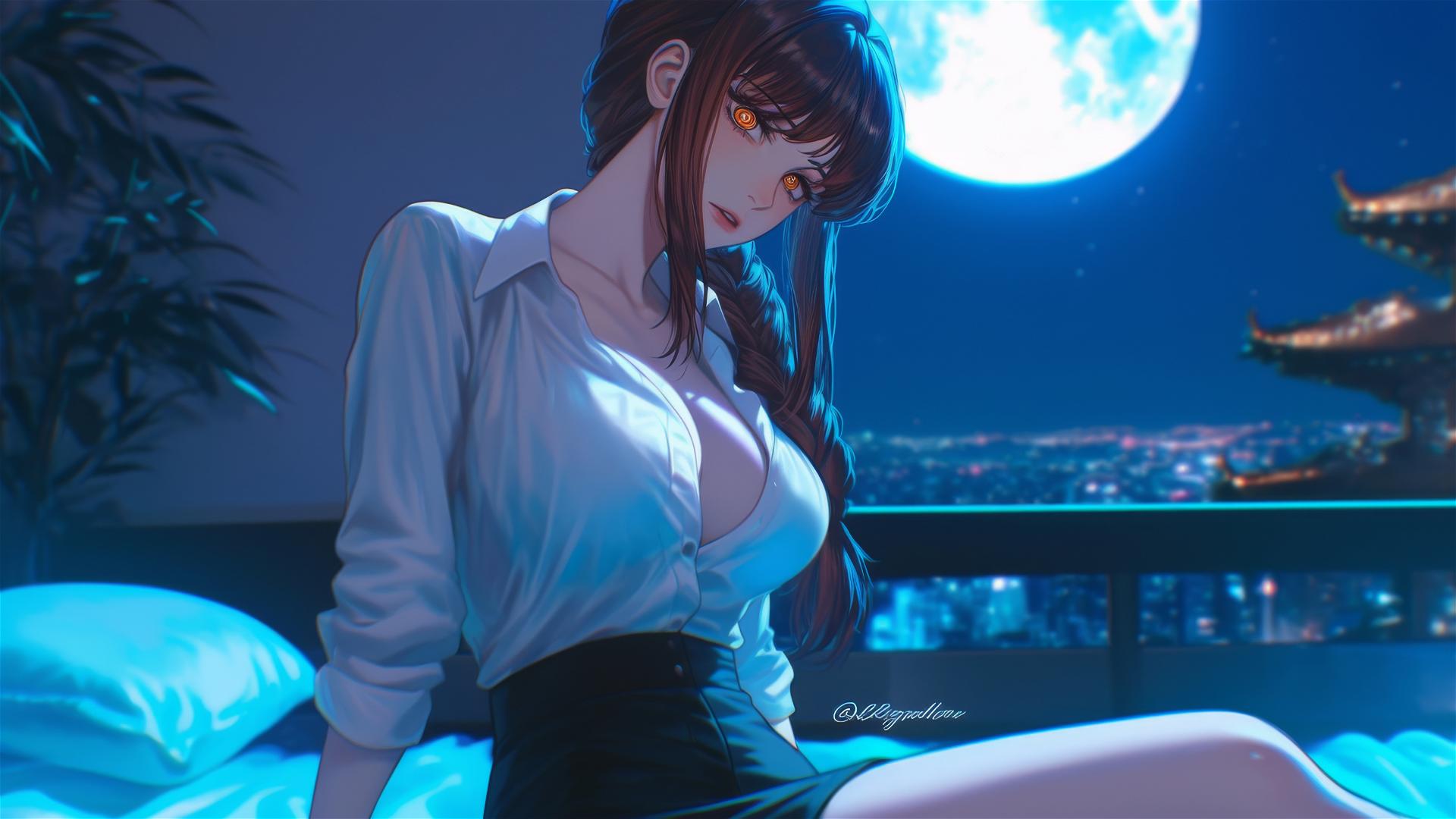 Makima from Chainsaw Man in her room with moonlight highlighting her figure