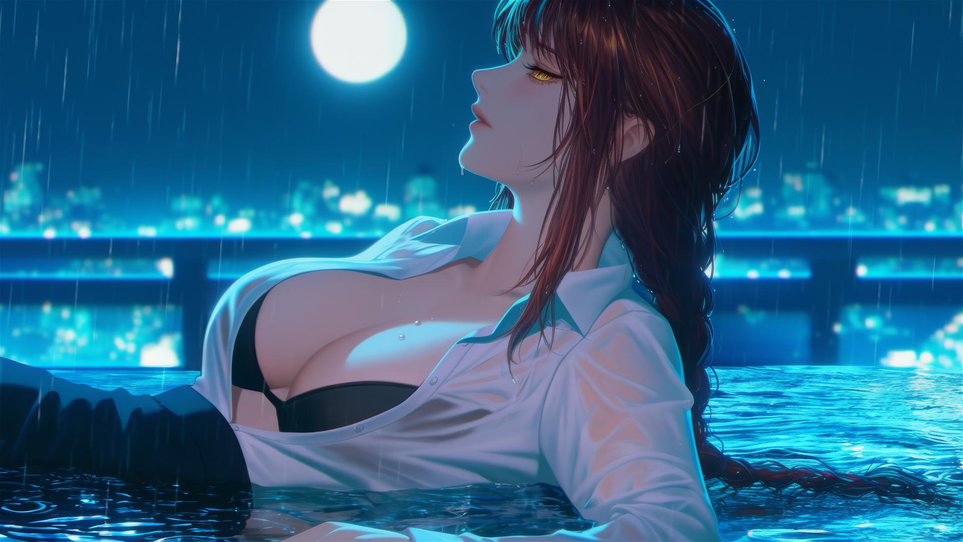 Makima from Chainsaw Man resting on a rainy rooftop under moonlight.