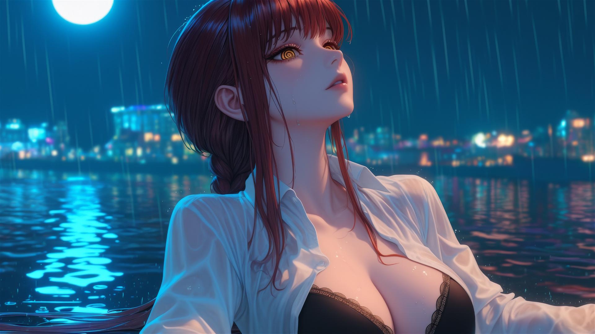 Makima from Chainsaw Man resting on a rooftop under moonlight in the rain