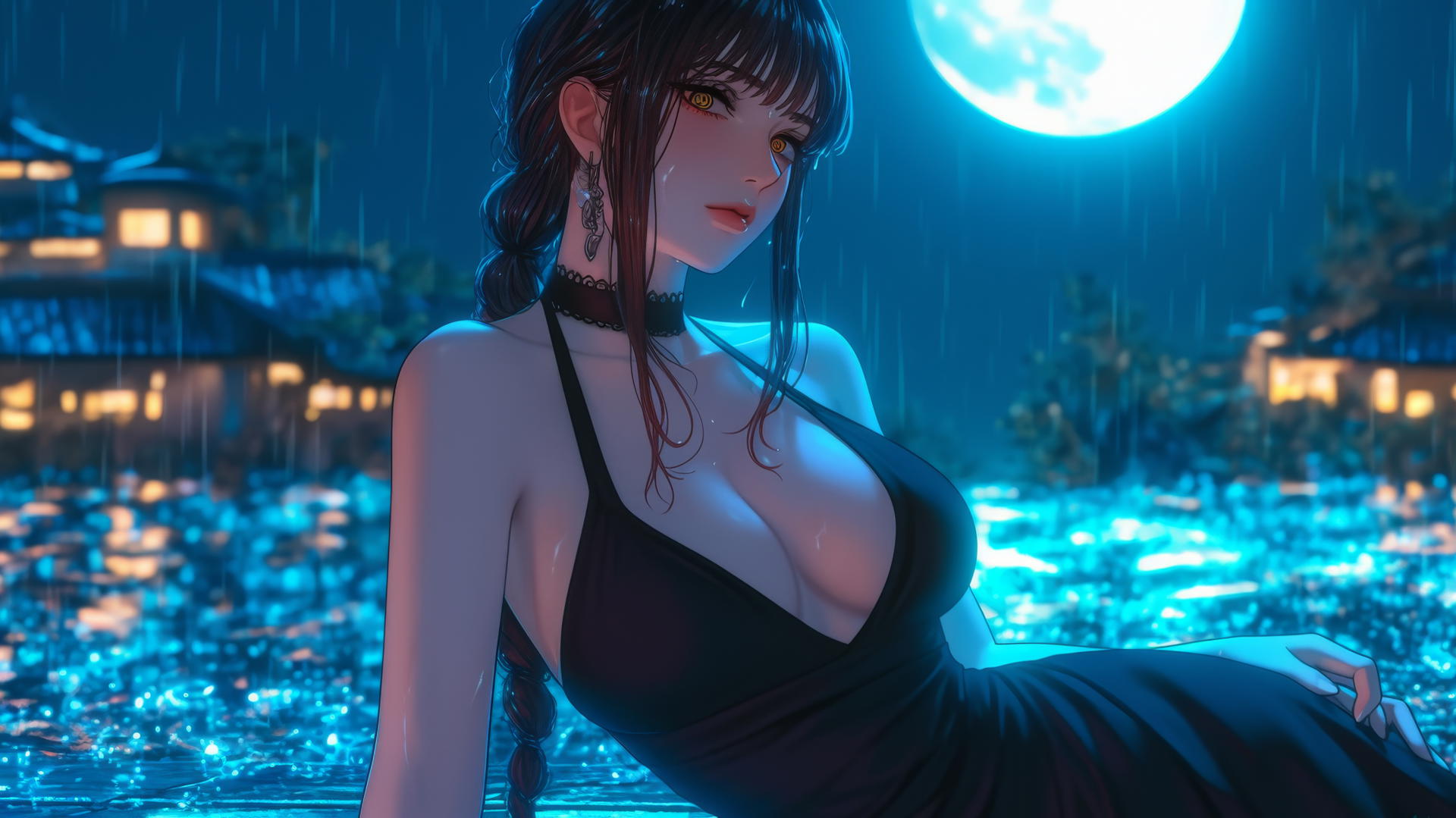 Makima from Chainsaw Man resting on a rainy rooftop under moonlight