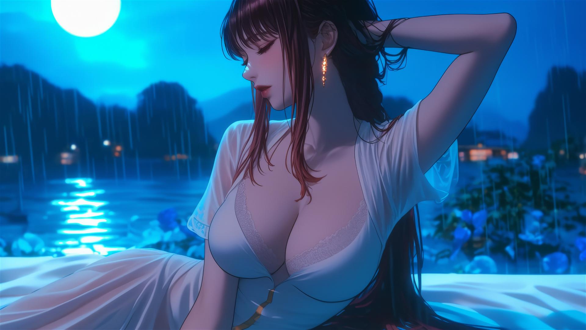 Makima from Chainsaw Man resting on a rainy rooftop in moonlight
