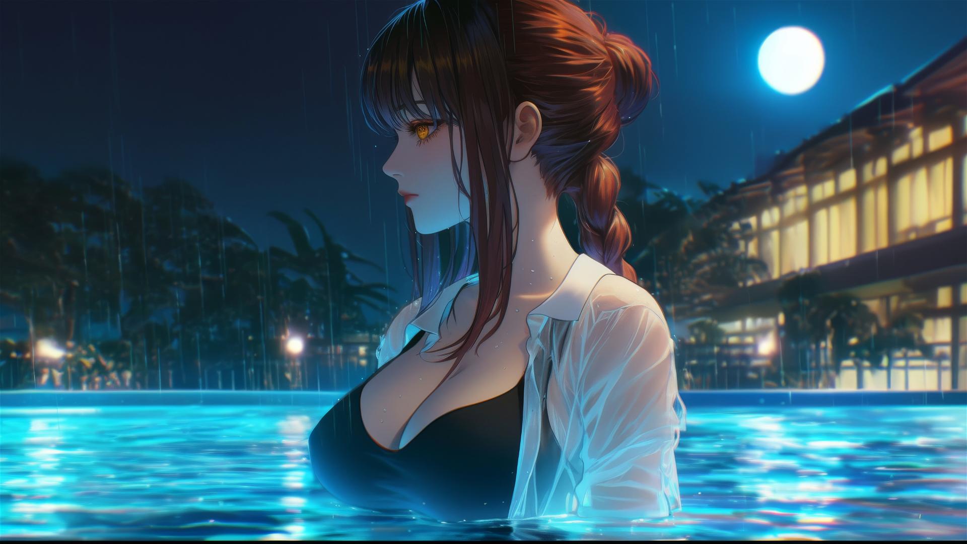 Makima from Chainsaw Man resting at a rainy swimming pool under moonlight