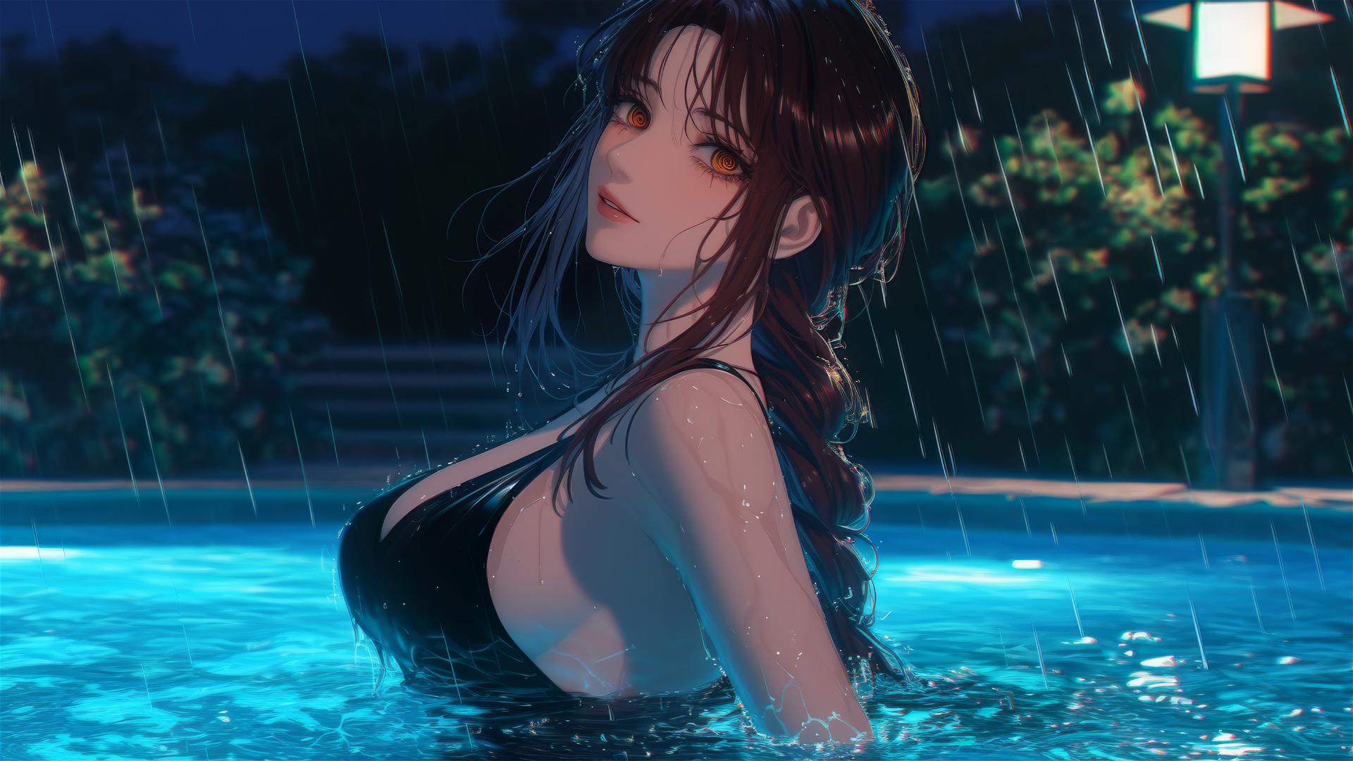 Makima from Chainsaw Man jumping out of a rainy swimming pool under moonlight