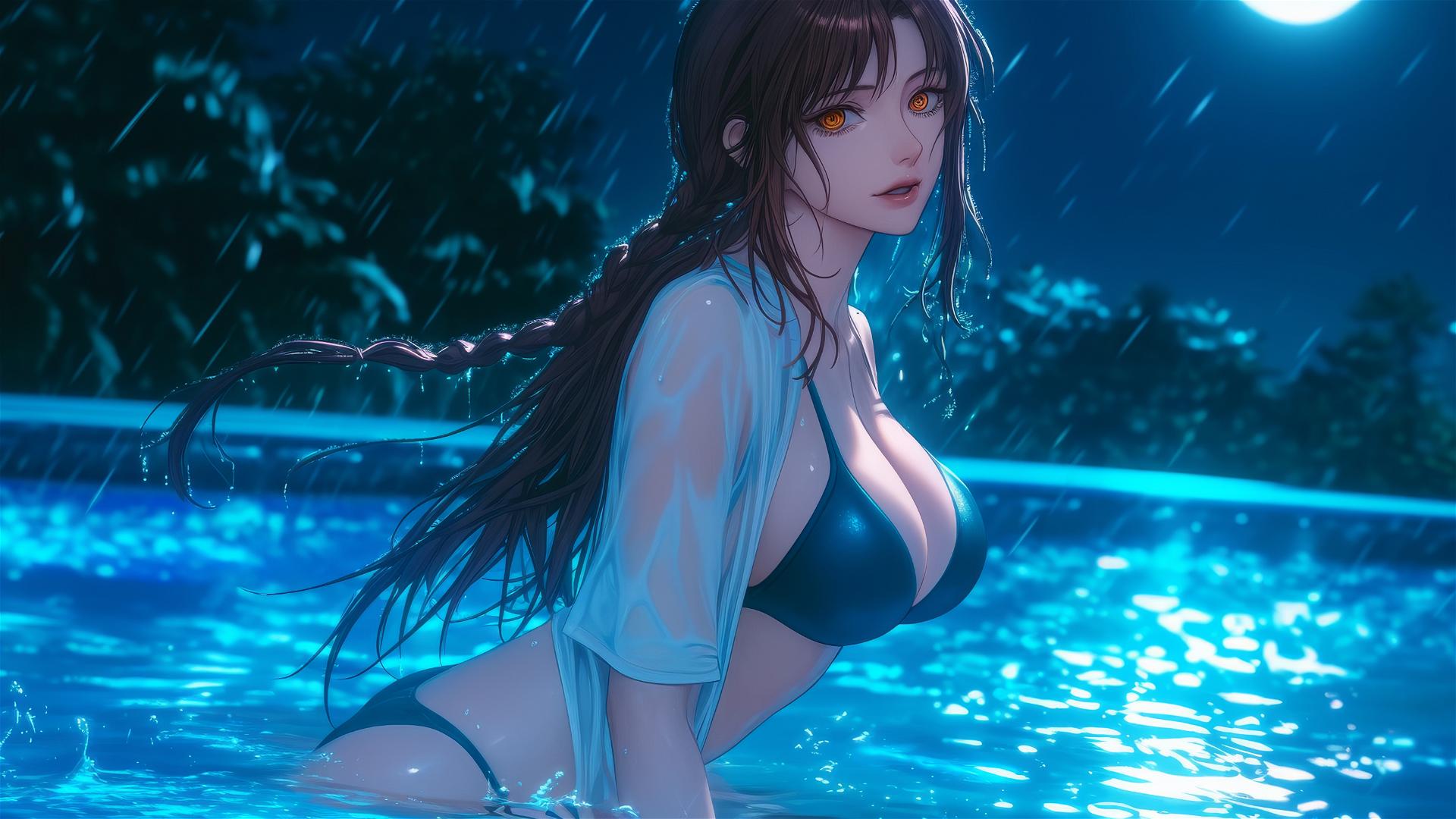 Makima from Chainsaw Man in a rainy pool under moonlight