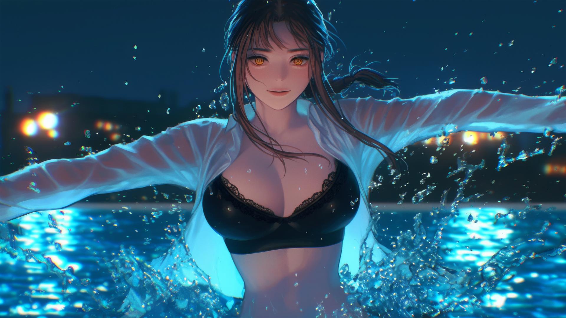 Makima from Chainsaw Man jumps out of a rainy pool, moonlight glow