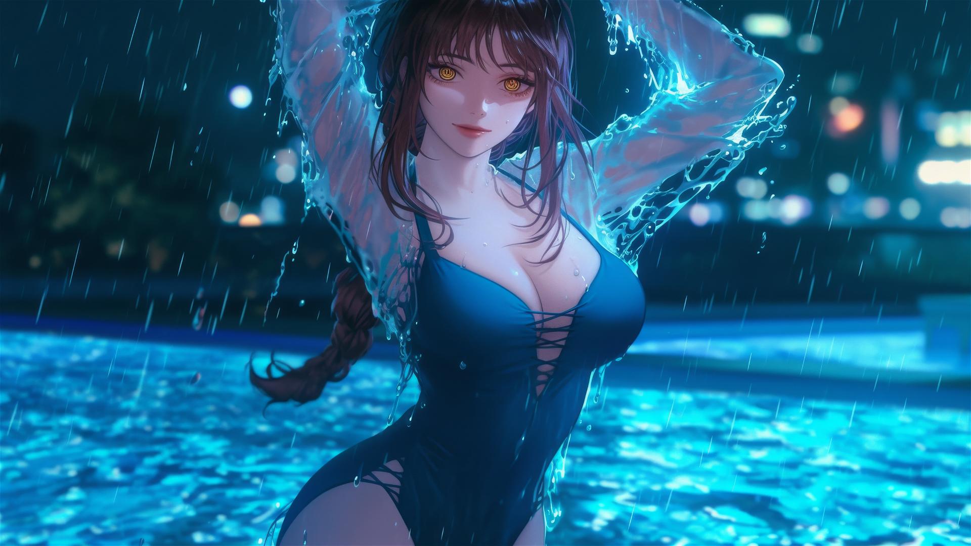 Makima from Chainsaw Man jumping out of a rainy pool, under moonlight.