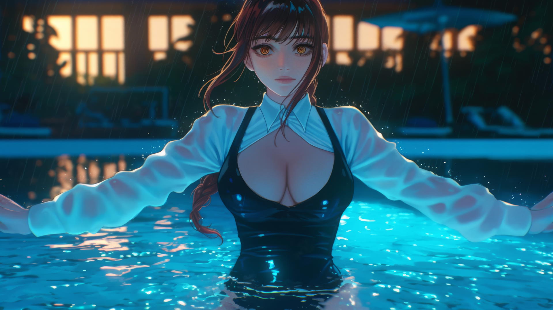 Makima from Chainsaw Man jumping out of a rainy swimming pool under moonlight