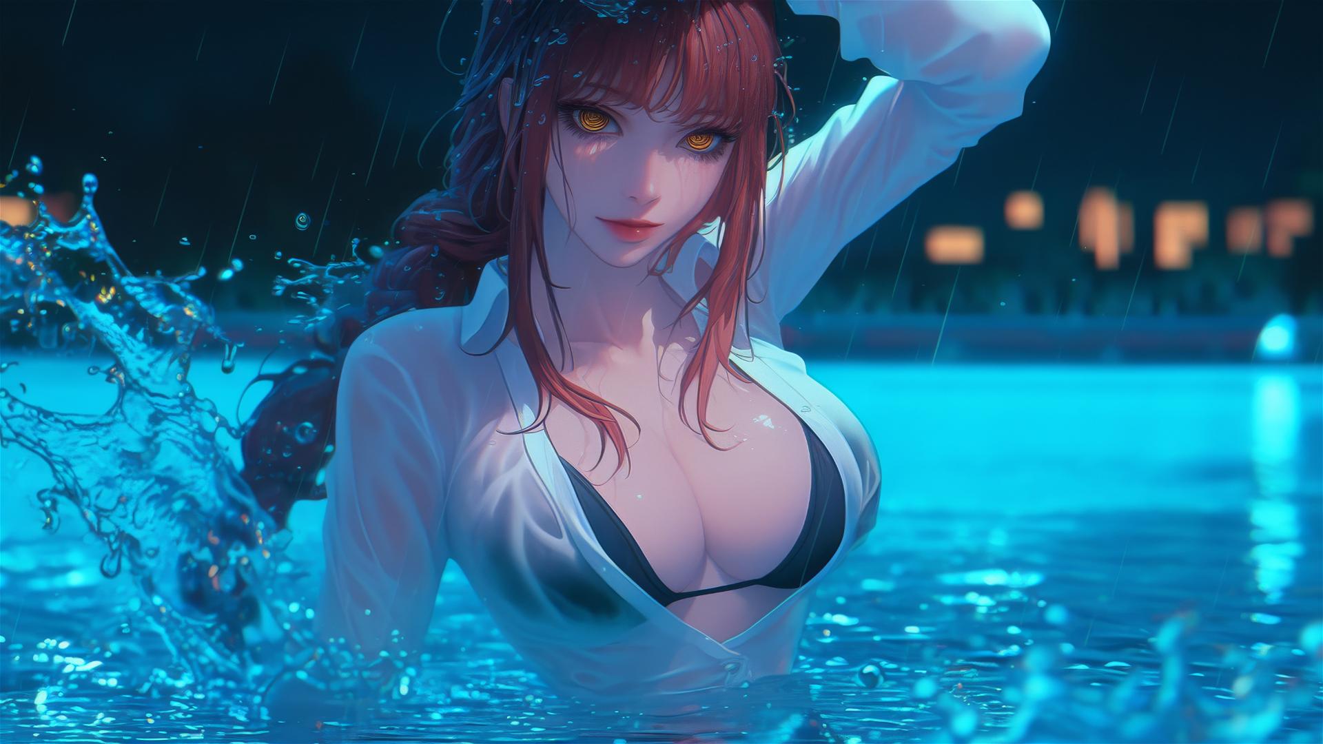 Makima from Chainsaw Man jumping out of a rainy swimming pool, under moonlight.