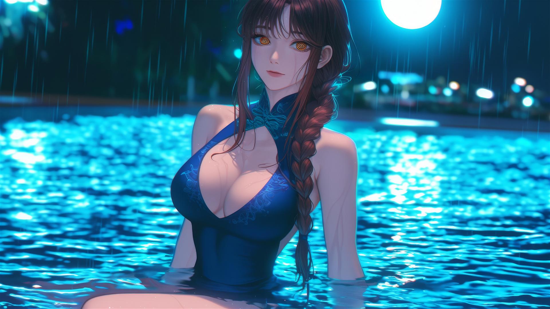 Makima from Chainsaw Man jumping out of rainy pool, lit by moonlight
