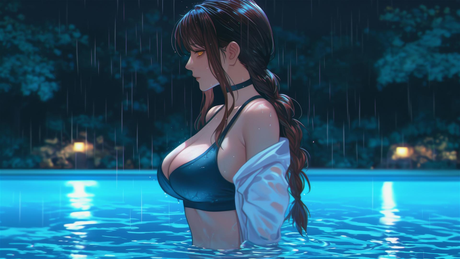 Makima from Chainsaw Man jumping out of a rainy swimming pool under moonlight