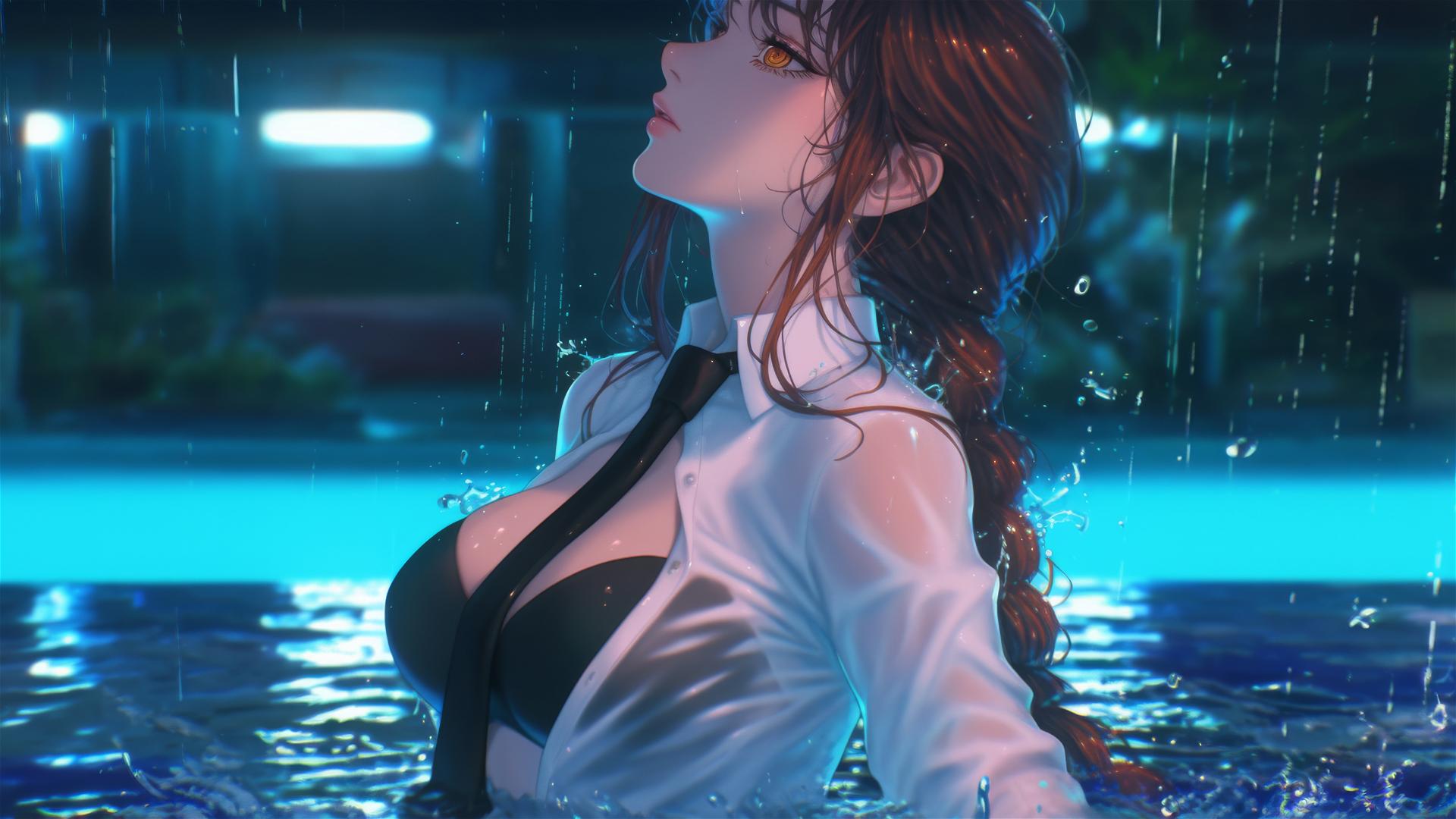 Makima from Chainsaw Man jumping out of a rainy swimming pool under moonlight