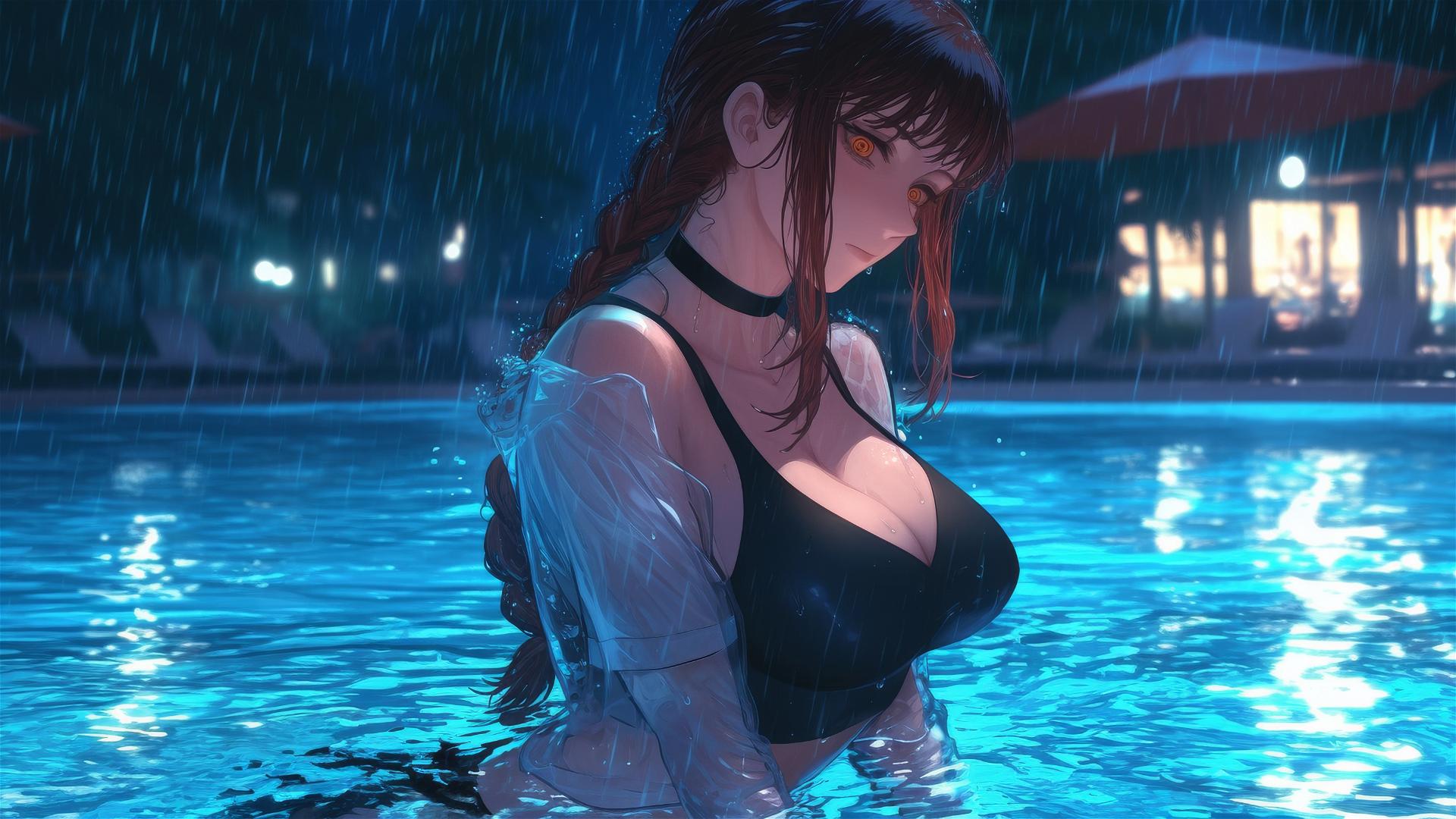 Makima from Chainsaw Man jumping out of rainy swimming pool, illuminated by moonlight