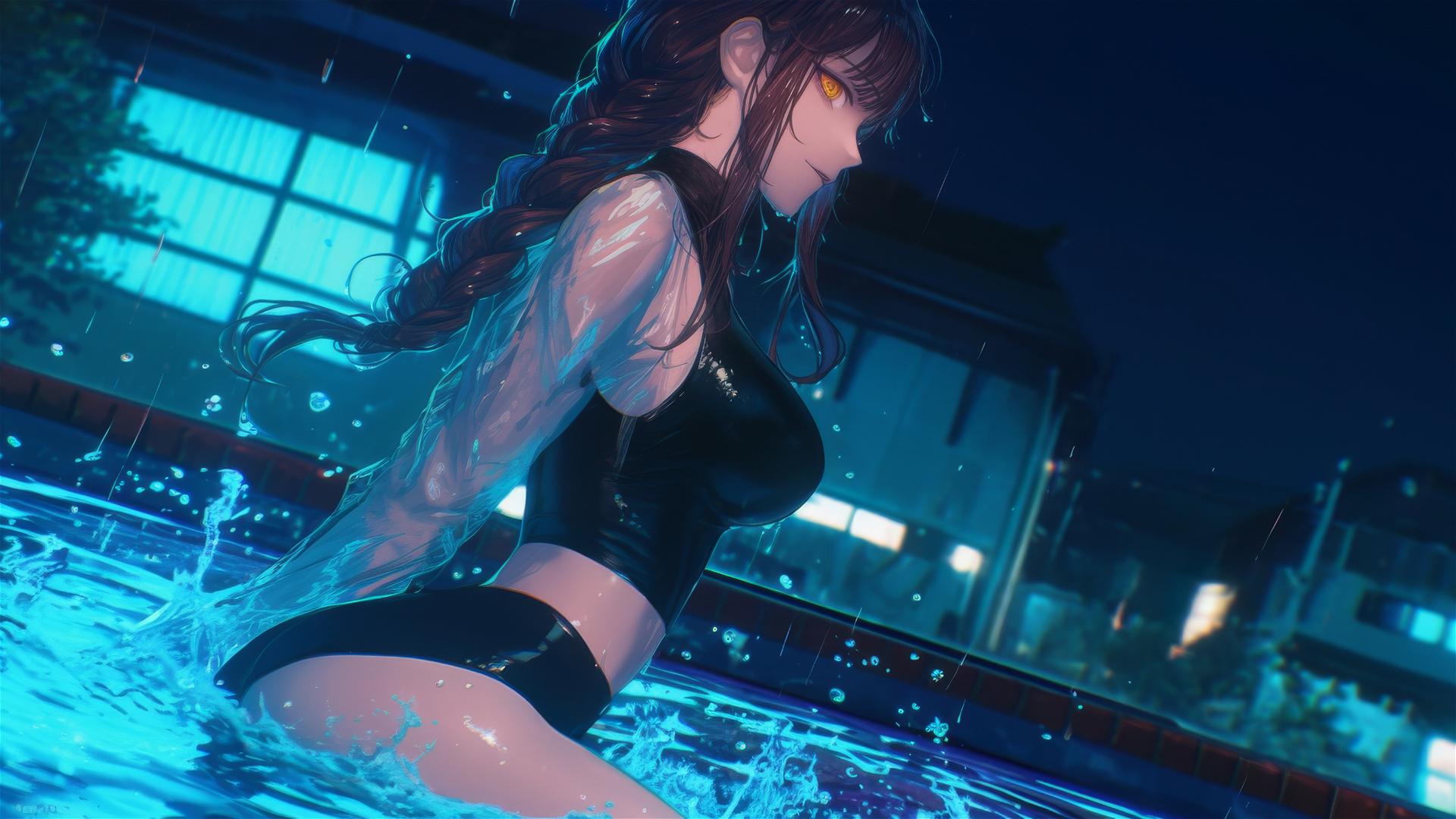 Makima from Chainsaw Man jumping out of a rainy swimming pool under moonlight.