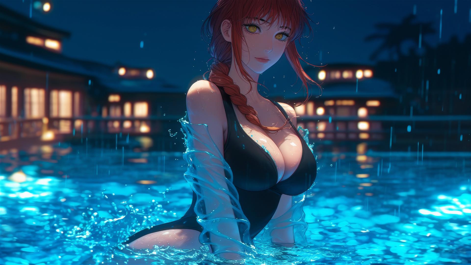 Makima from Chainsaw Man jumping out of a rainy swimming pool under moonlight