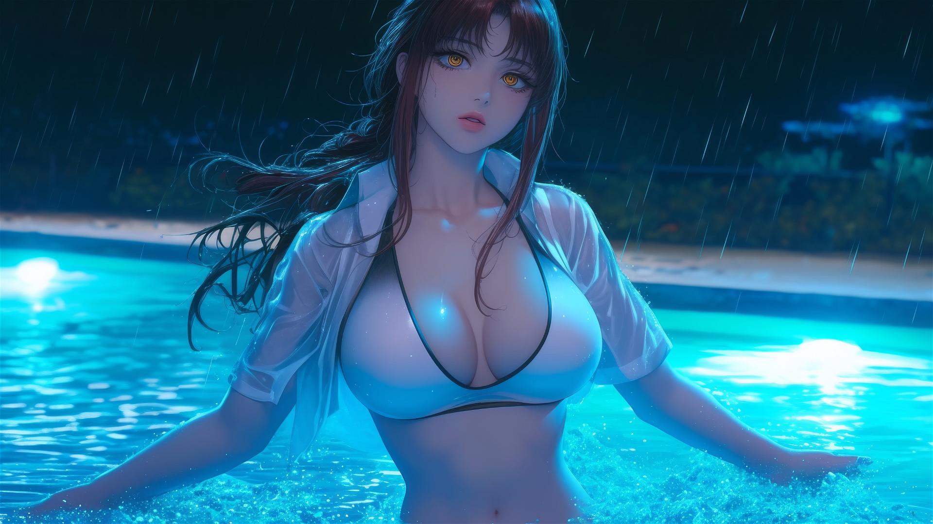 Makima from Chainsaw Man jumping out of a rainy swimming pool under moonlight.