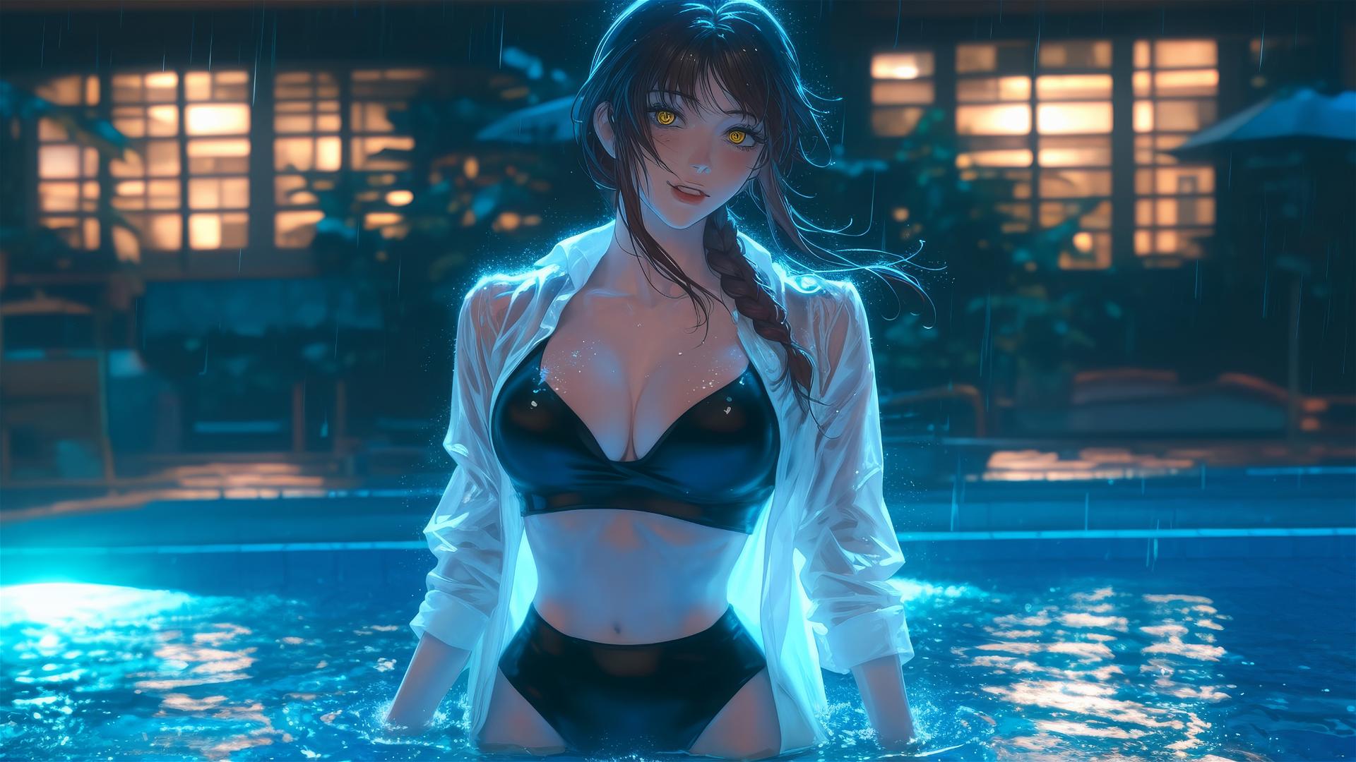 Makima from Chainsaw Man, jumping out of rainy pool, moonlit