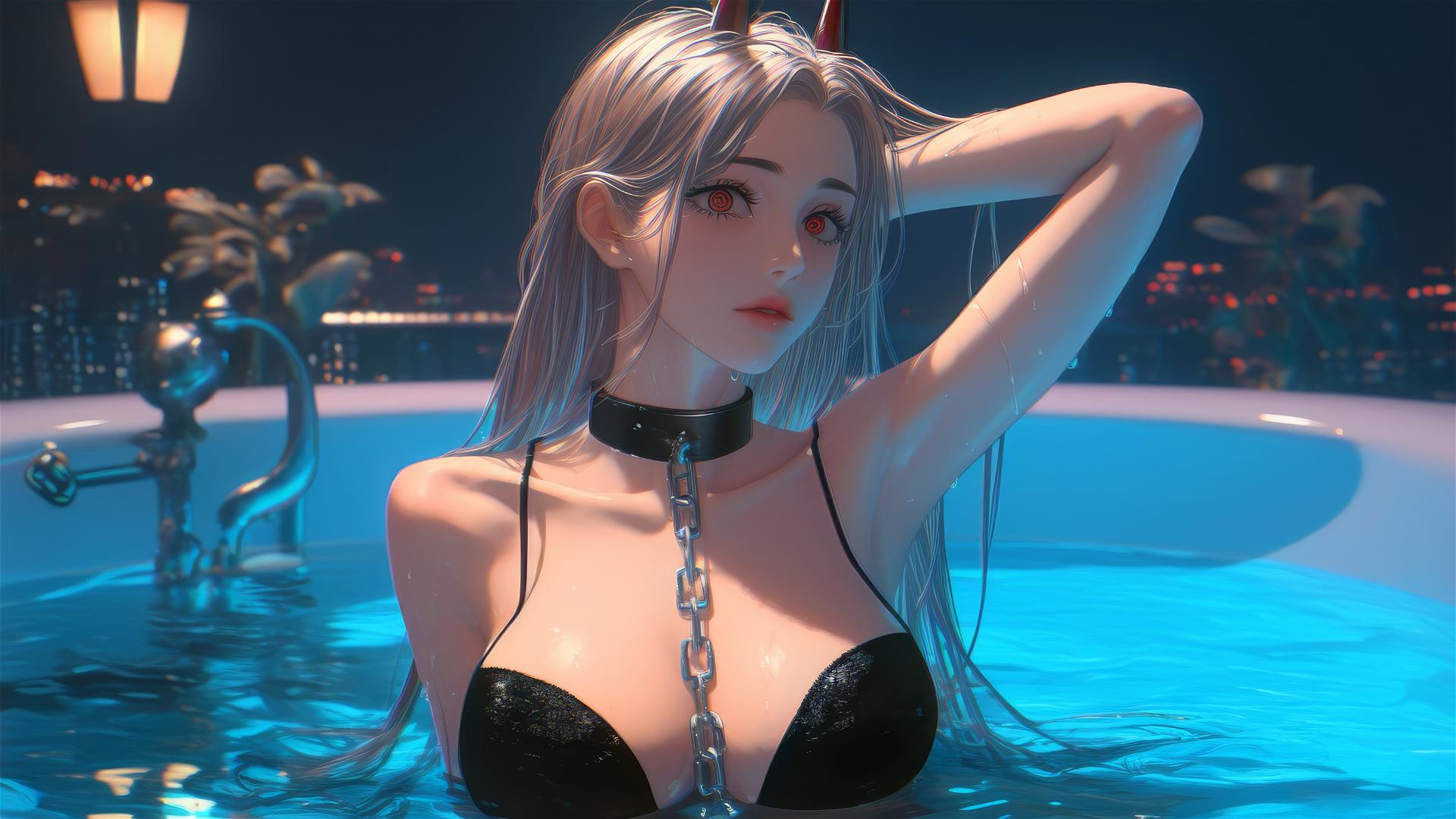 Power from Chainsaw Man chained, resting in a tub with moonlight glow