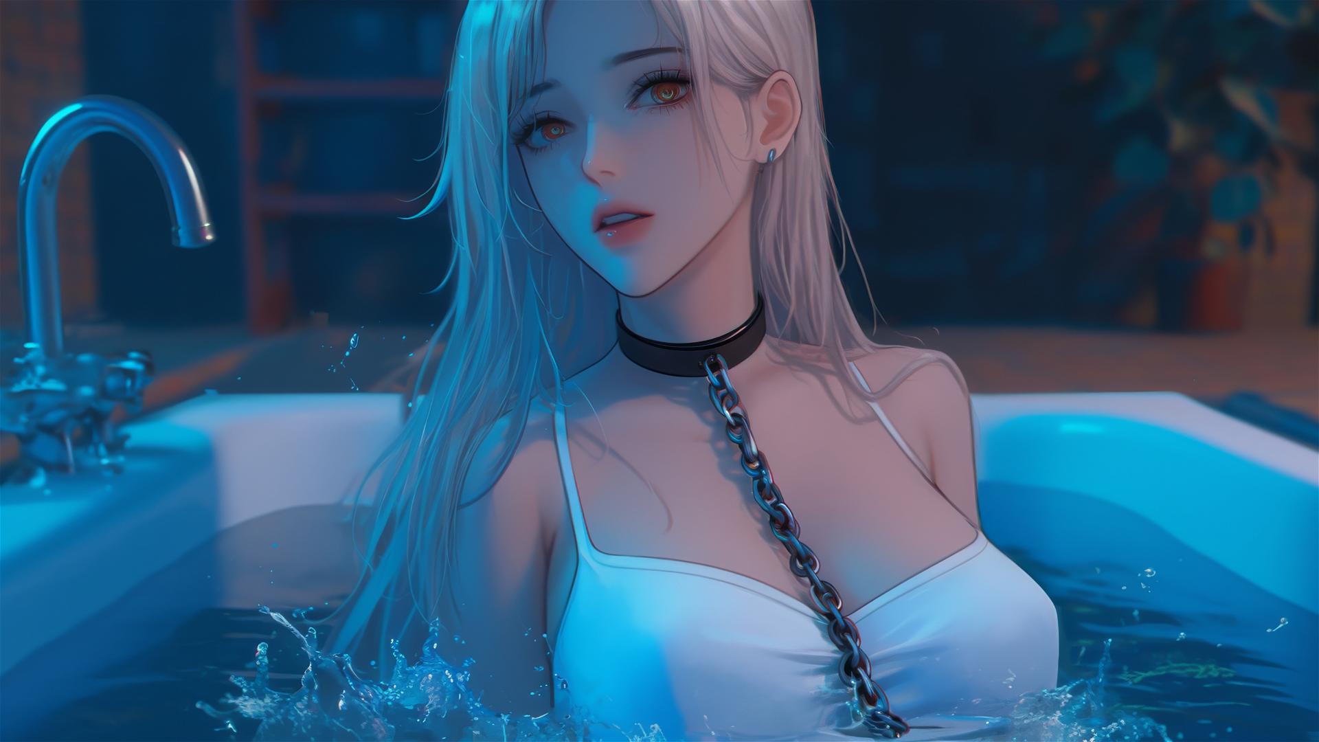 Power from Chainsaw Man in a tub with iron chains, moonlight glow