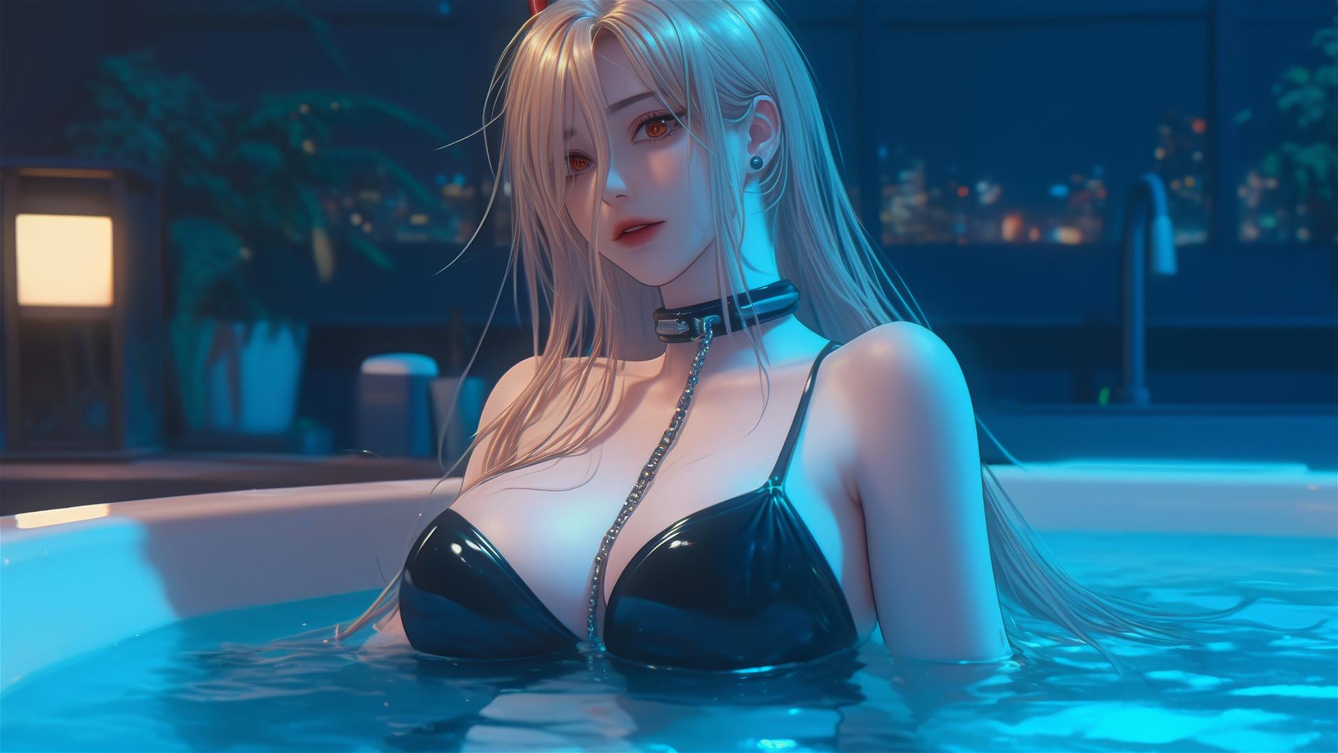 Power from Chainsaw Man, neck locked with thick iron chains, resting in a tub, illuminated by moonlight.