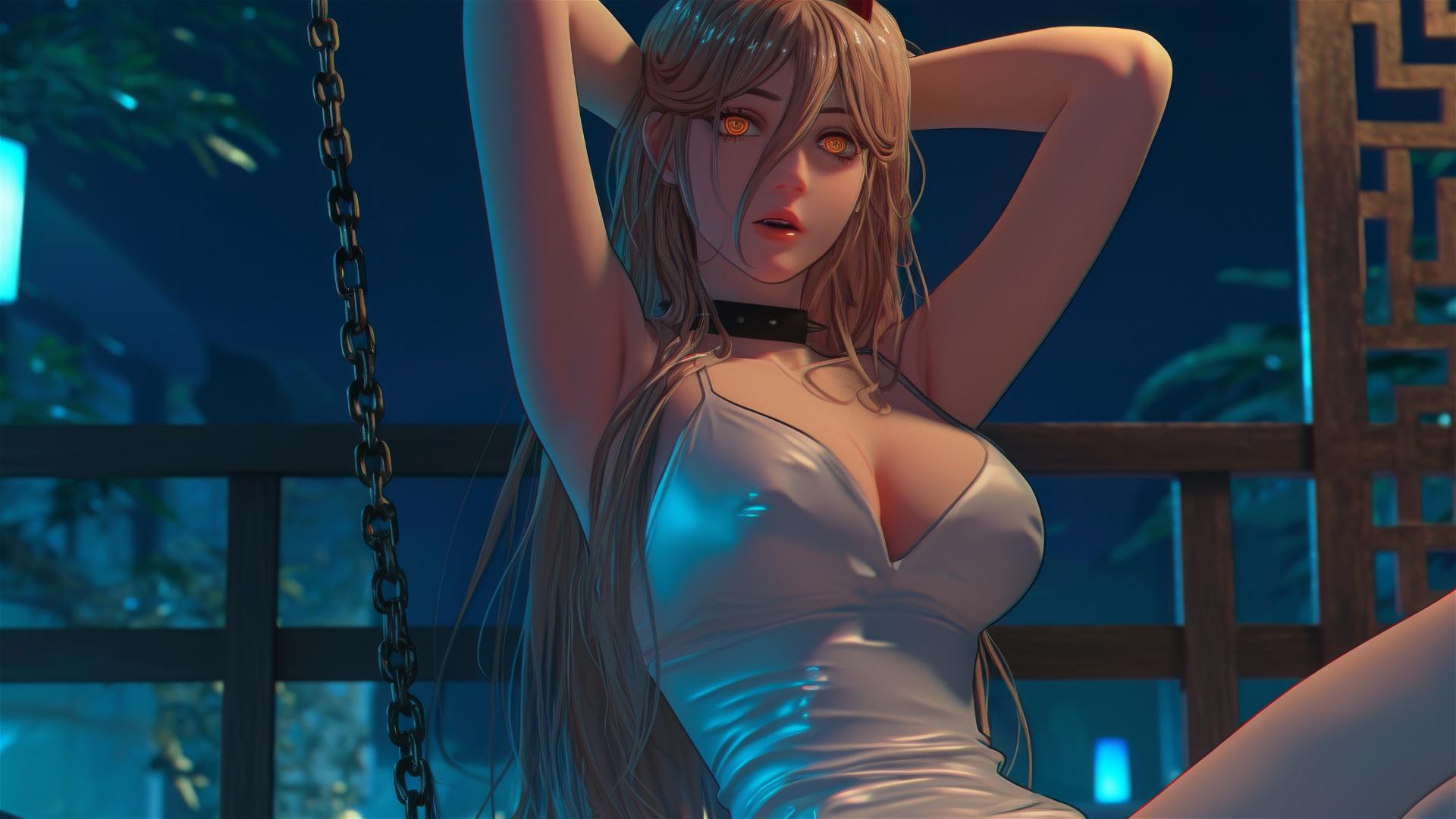 Power from Chainsaw Man, neck locked with thick iron chains, lounging in a tub with moonlight highlighting her blonde hair, red horns and yellow eyes.