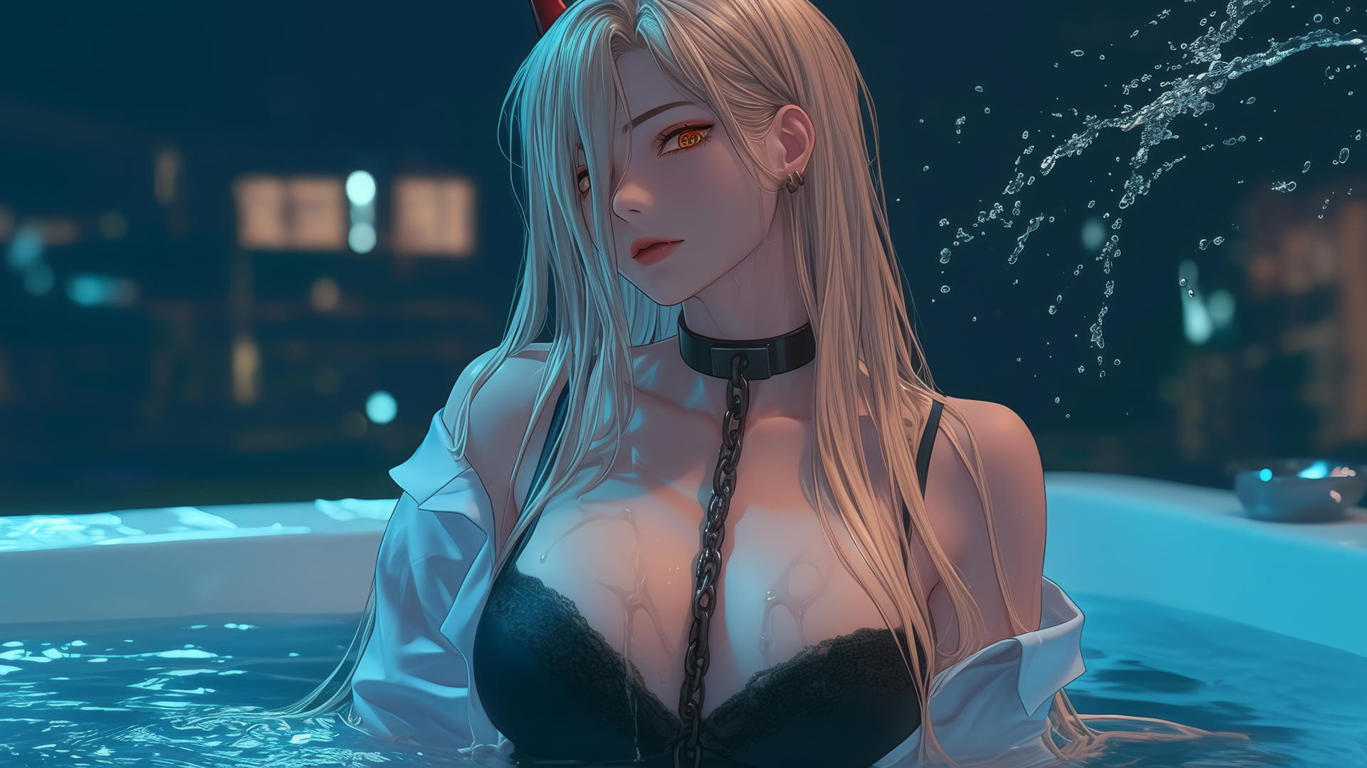 Power from Chainsaw Man resting in a tub with thick iron chains, moonlit blonde hair and light red horns.