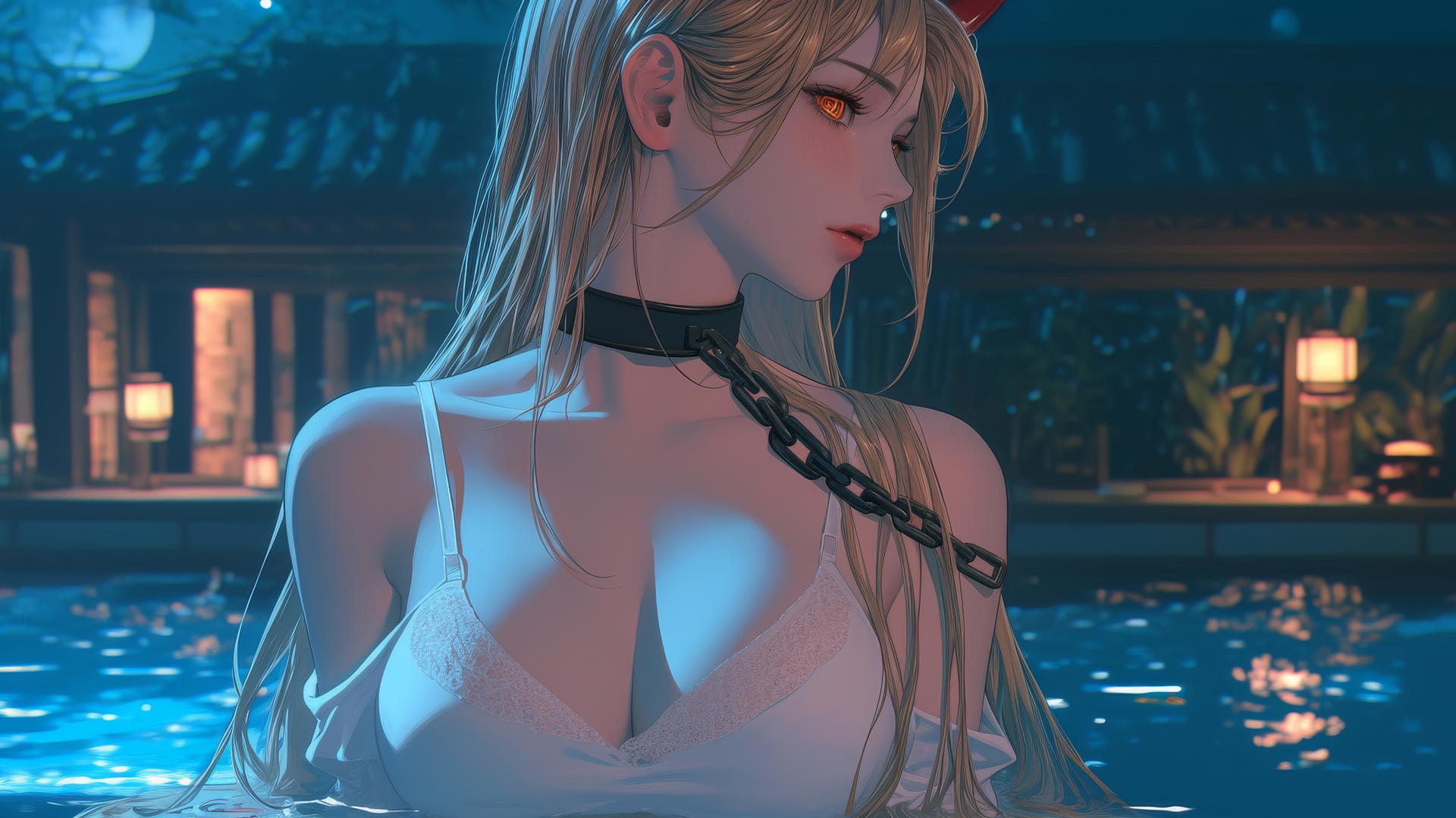 Power from Chainsaw Man rests in a tub with iron chains, blonde hair, red horns, moonlit glow.