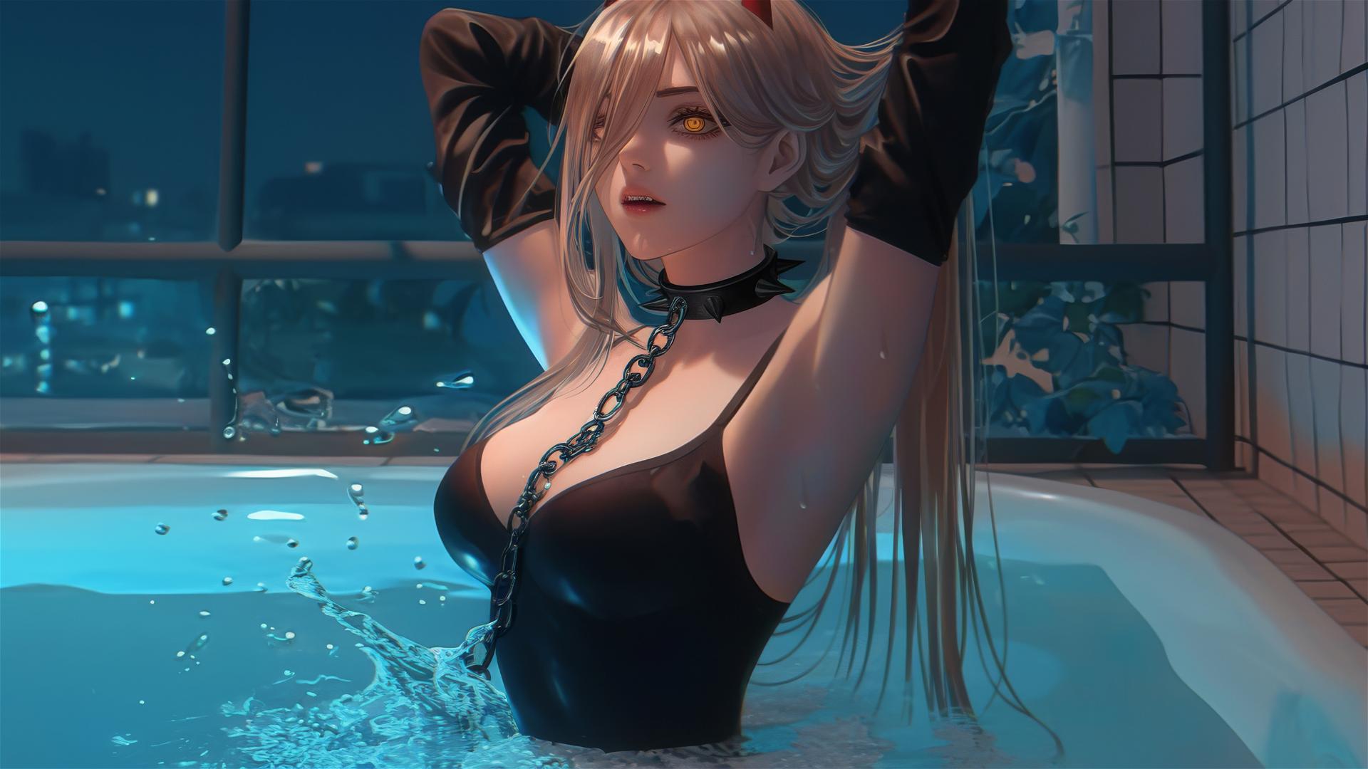 Power from Chainsaw Man, locked in chains, jumping from tub, under moonlight.