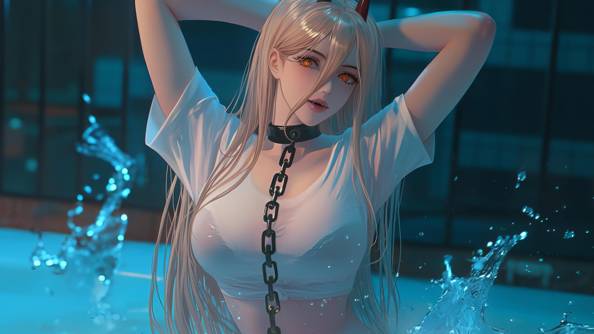 Power from Chainsaw Man with thick iron chains, jumping out of a tub in her apartment