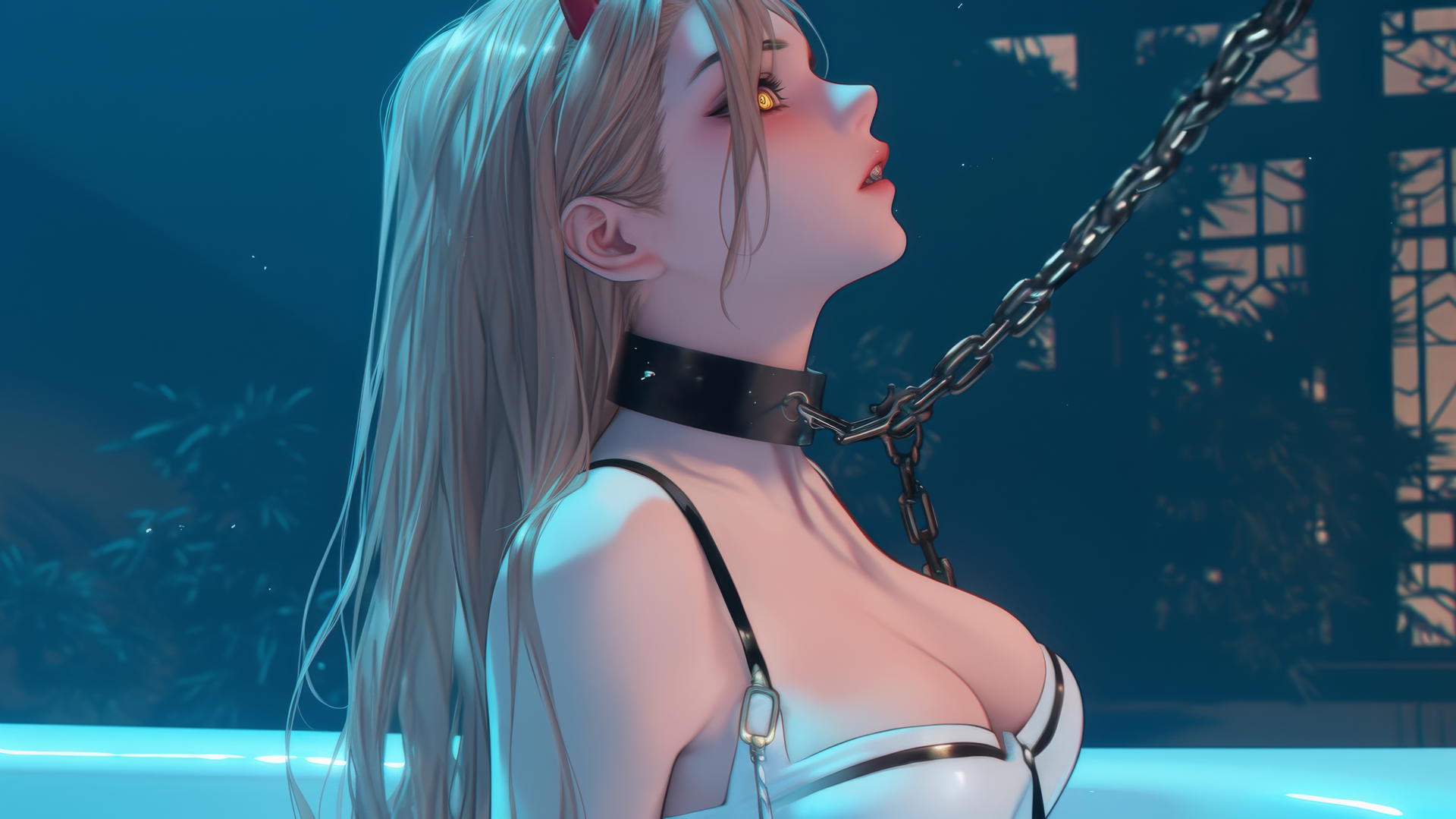 Power from Chainsaw Man, blonde hair, light red horns, yellow eyes, chained in a tub.