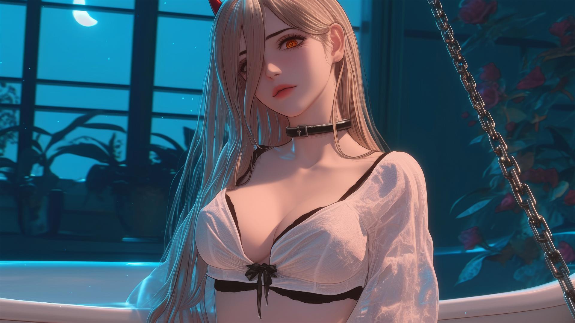 Power from Chainsaw Man with chains, blonde hair, red horns, yellow eyes, moonlight glow.