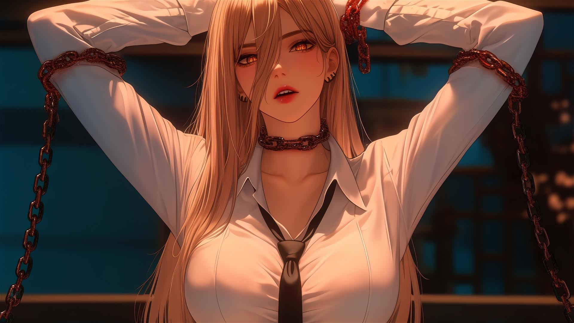 Power from Chainsaw Man with iron chains in moonlit room