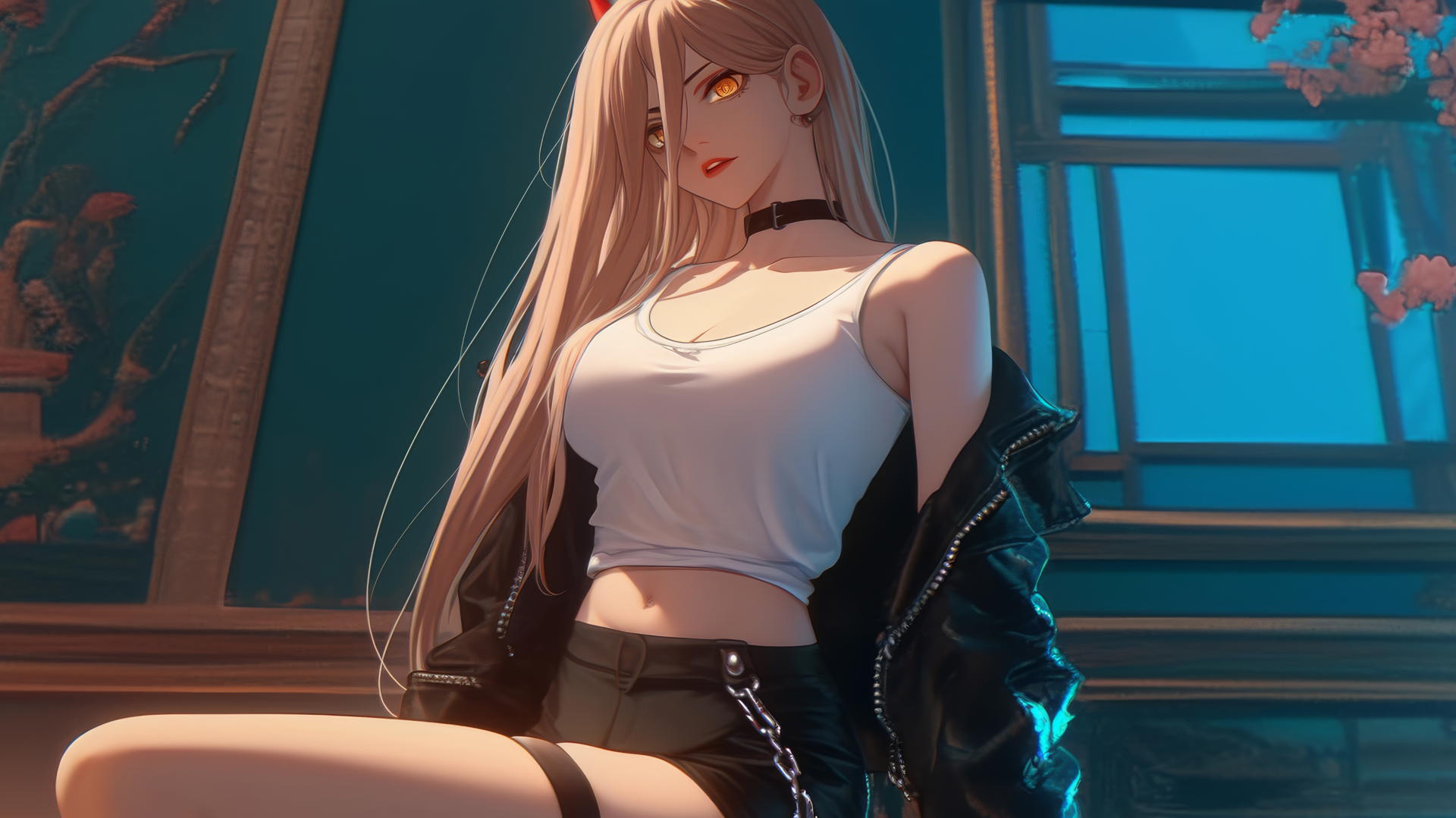 Power from Chainsaw Man locked with thick iron chains, in a modern hotel room, with blonde hair, light red horns, and yellow eyes.