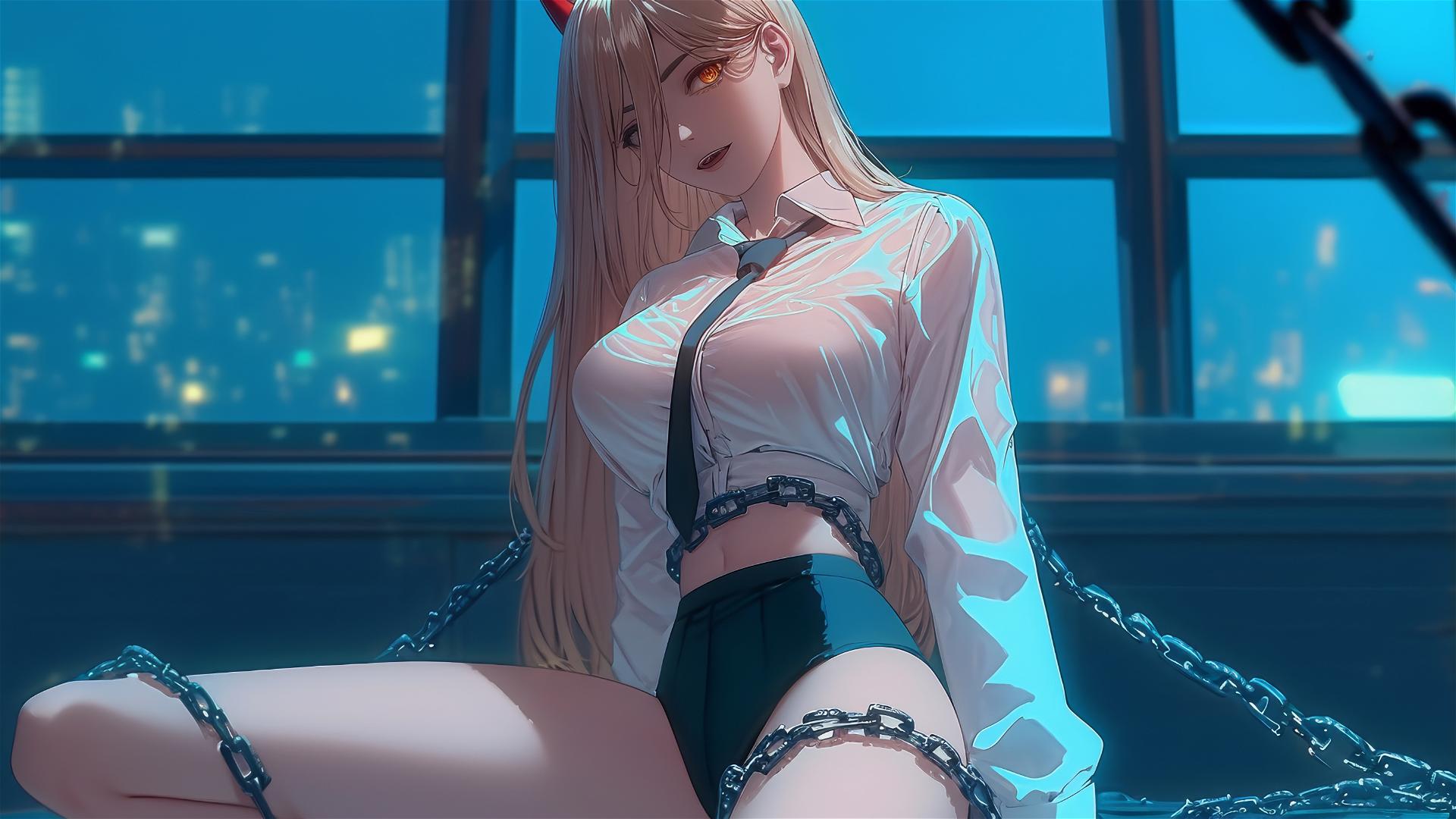 Power from Chainsaw Man with chains, in a modern hotel room