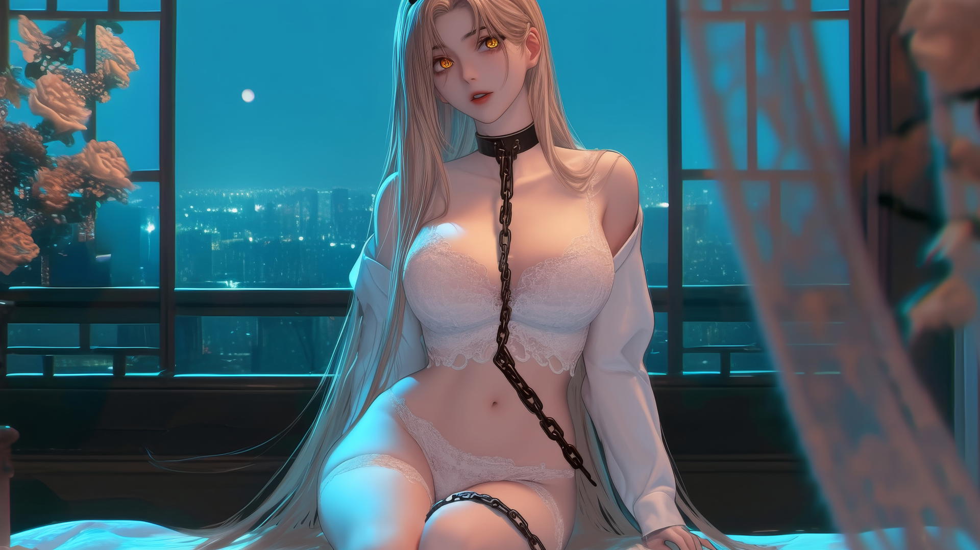Chainsaw Man character Power with blonde hair, light red horns, yellow eyes, chained in a modern hotel room with moonlight.