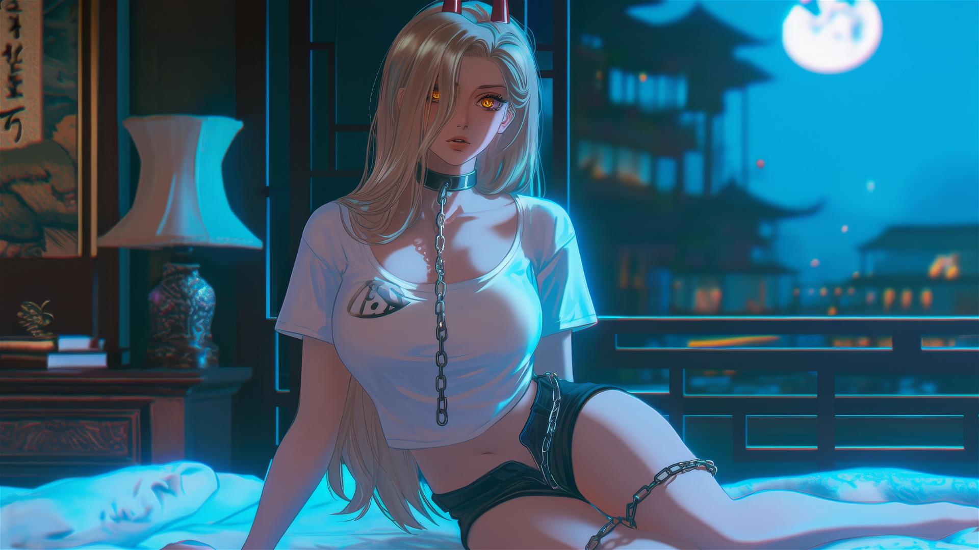 Power from Chainsaw Man in a modern hotel room, locked with thick iron chains, blonde hair, light red horns, yellow eyes.