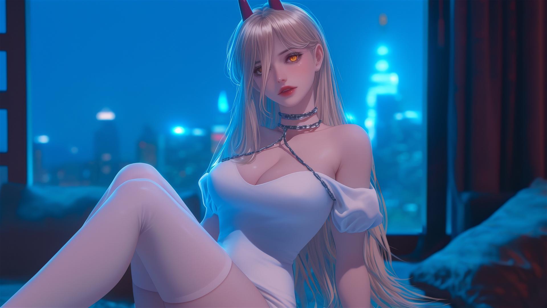 Power from Chainsaw Man with iron chains in a modern hotel room, moonlight glow