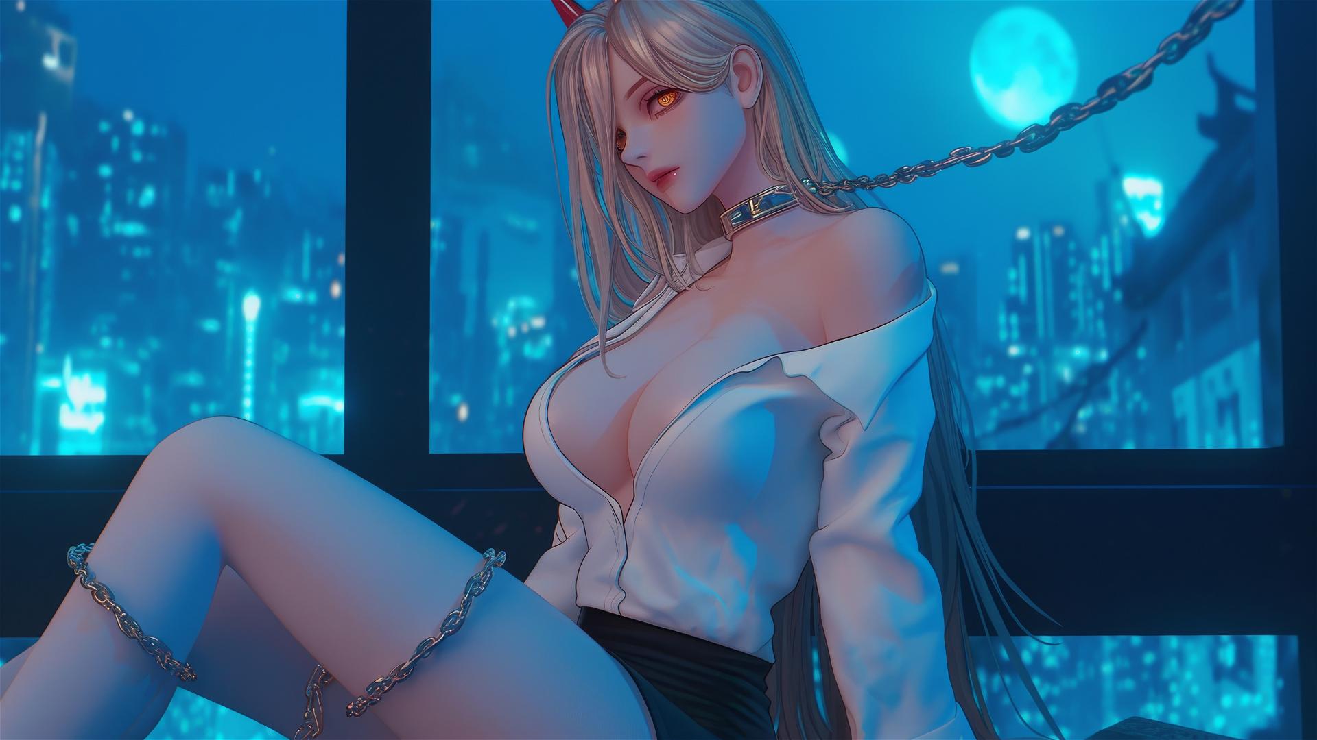 Power from Chainsaw Man chained in a modern hotel room under moonlight